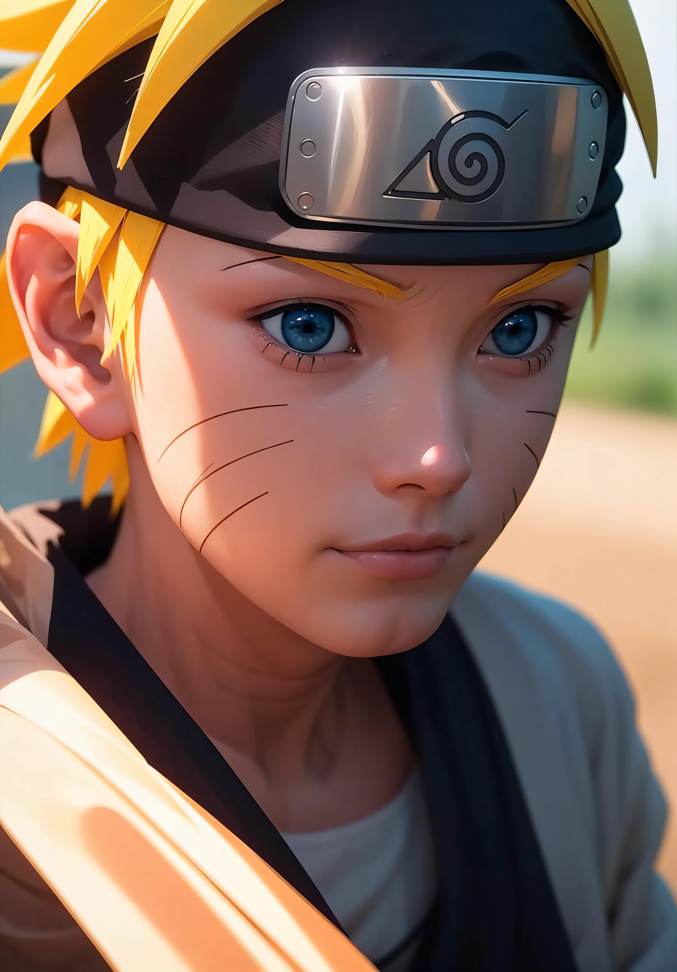 uzumaki naruto, 1boy,  masterpiece, best quality,upper body,portrait, looking at viewer,close up,  white shirt, sunshine, novel illustration,blurry foreground,