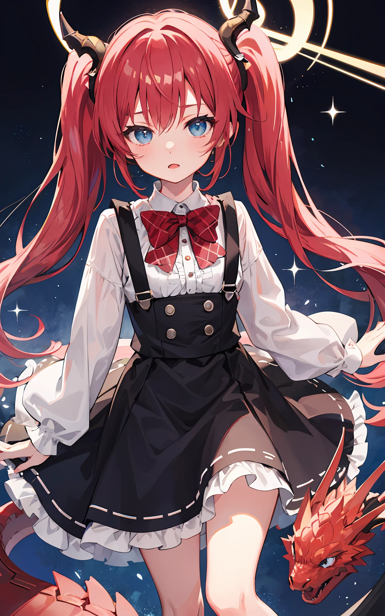 {{best quality}}, {{masterpiece}}, {{ultra-detailed}}, {illustration}, {detailed light}, red hair,blue eyes,twintails,lolita,Suspenders skirt,Fantastic,loli,solo,Dragon horns,little girl,long hair