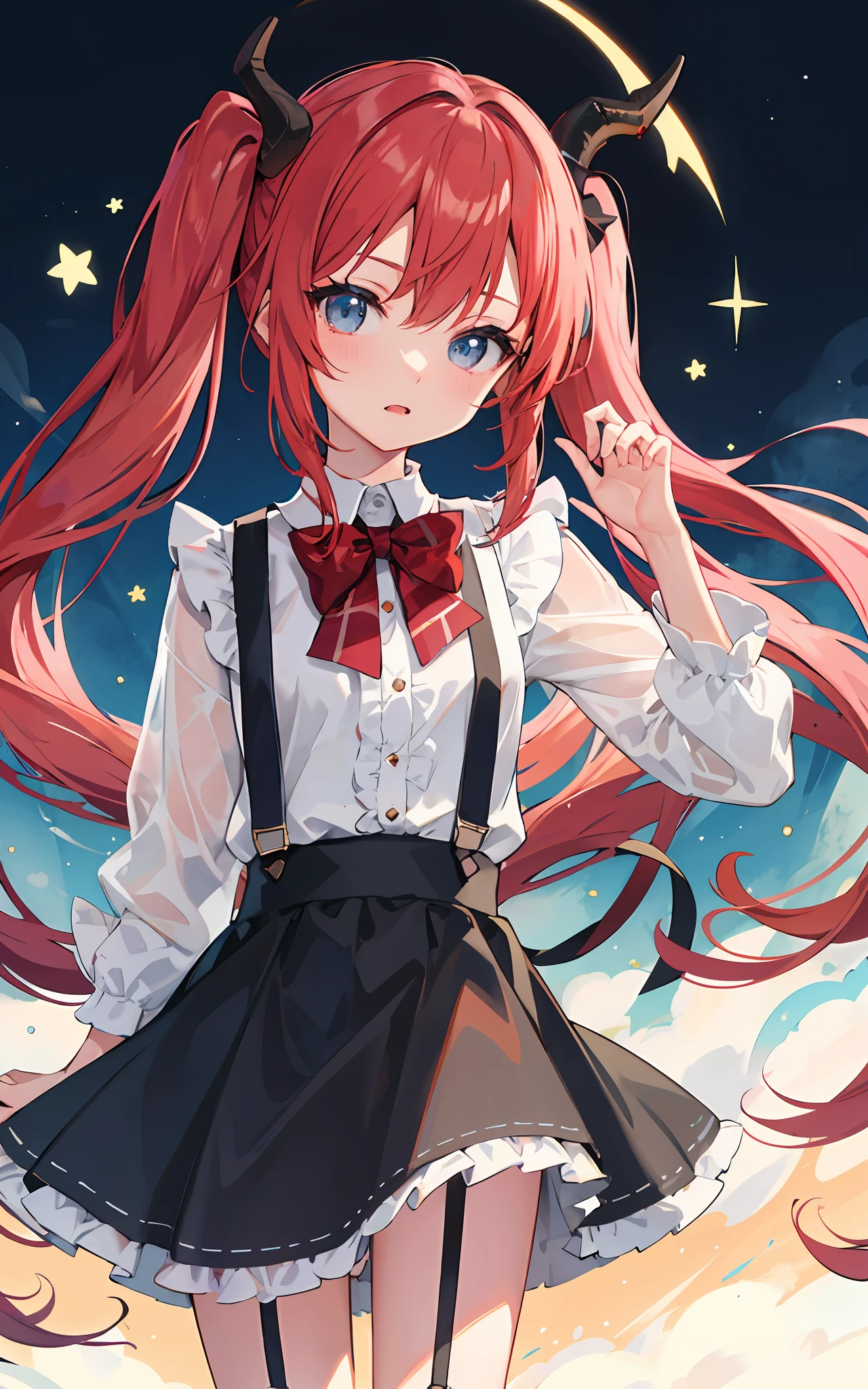 {{best quality}}, {{masterpiece}}, {{ultra-detailed}}, {illustration}, {detailed light}, red hair,blue eyes,twintails,lolita,Suspenders skirt,Fantastic,loli,solo,Dragon horns,little girl,long hair
