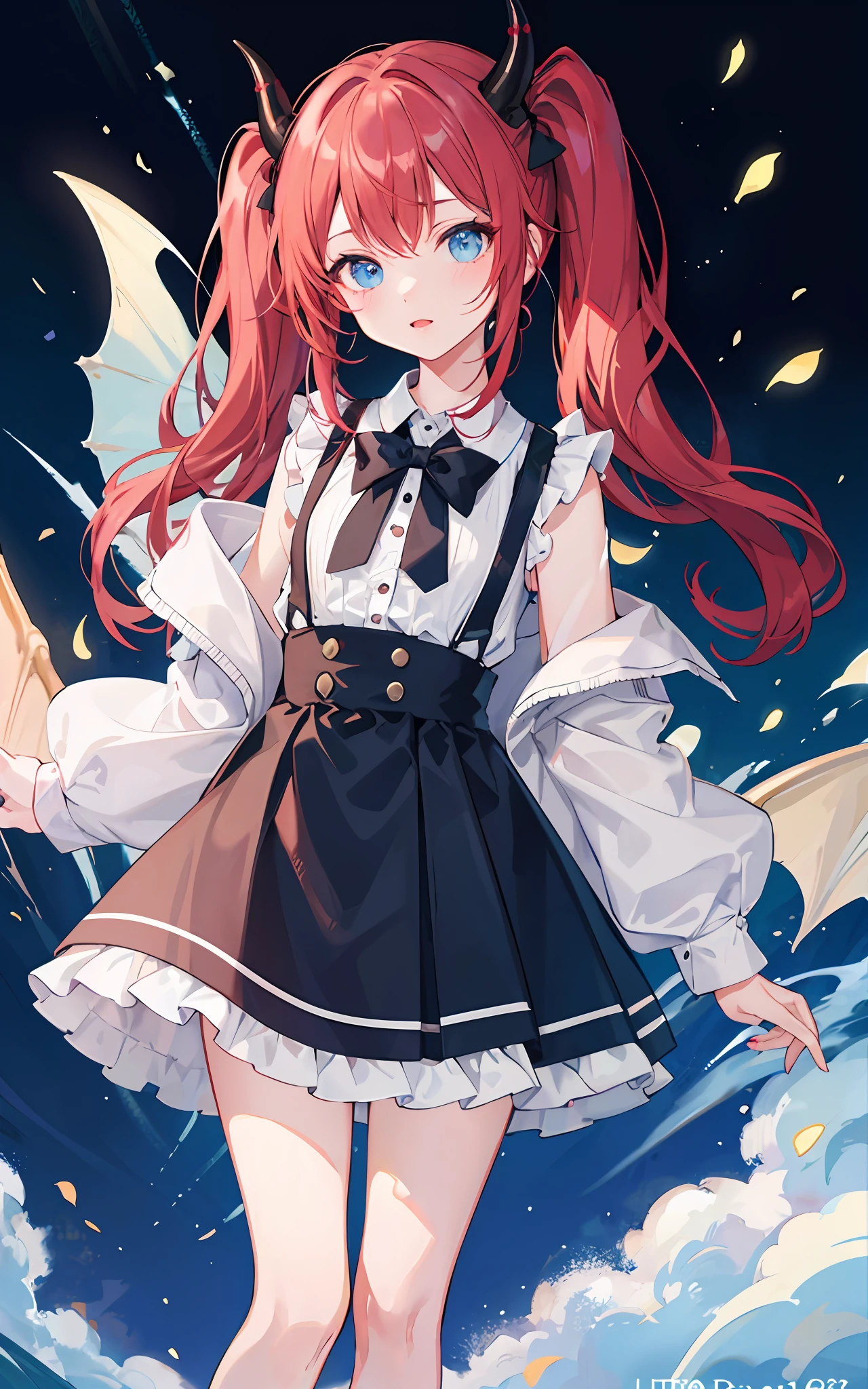 {{best quality}}, {{masterpiece}}, {{ultra-detailed}}, {illustration}, {detailed light}, red hair,blue eyes,twintails,lolita,Suspenders skirt,Fantastic,loli,solo,Dragon horns,little girl,long hair