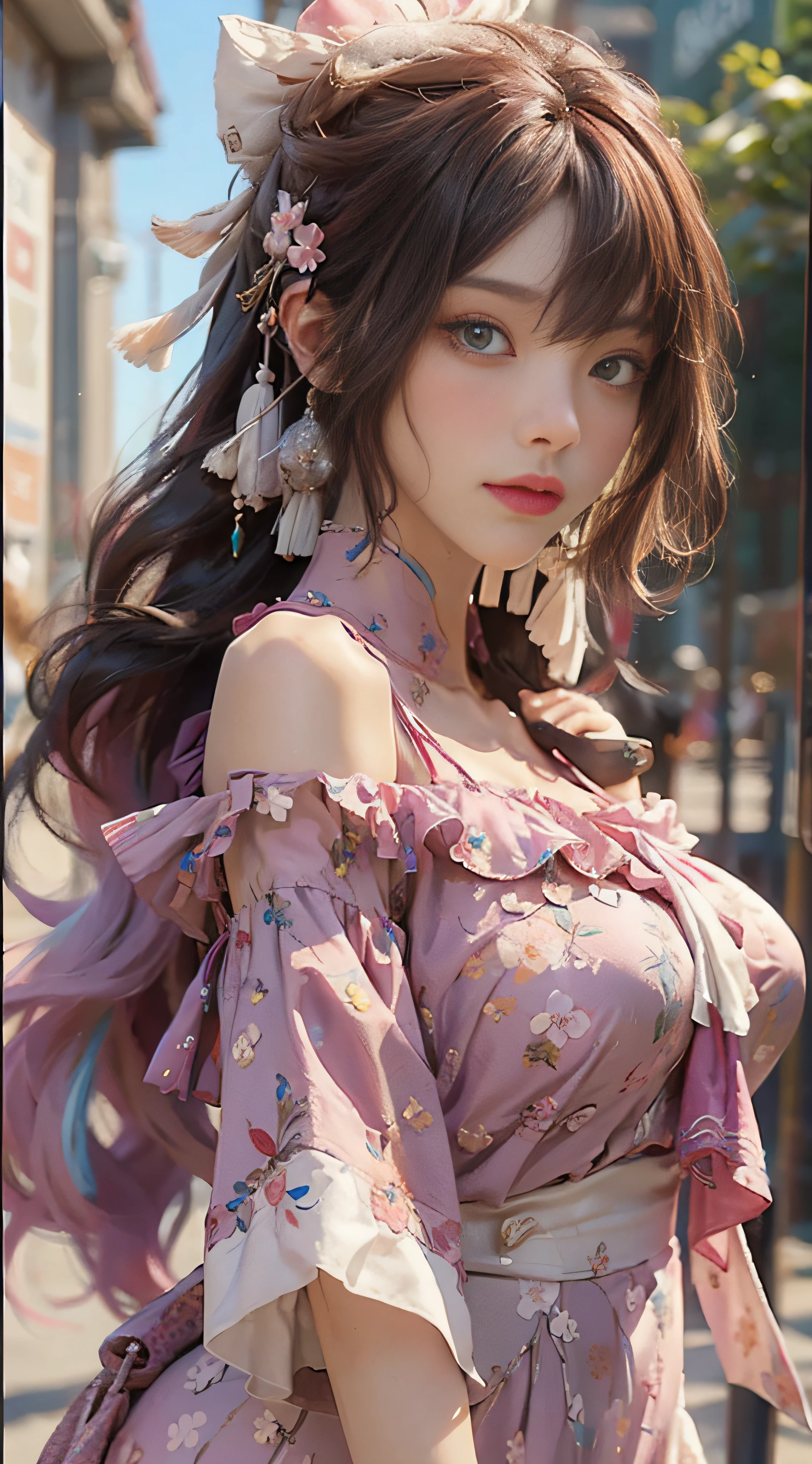 ((best qualtiy)), ((tmasterpiece)), (detail:1.4), 3D, Beautiful cyberpunk female images,hdr(HighDynamicRange),Ray traching,NVIDIA RTX,Hyper-Resolution,illusory 5,Sub-surface scattering,PBR textures,post-proces,Anisotropy Filtering,depth of fields,maximum definition and sharpness,Many-Layer Textures,Albedo e mapas Speculares,Surface coloring,Mitsu-Accurate simulation of material interactions,perfectly proportioned,rendering by octane,Two-colored light,largeaperture,Low ISO,White balance,Rule three points、8K raw data、beautiful bright pupils,off-the-shoulder clothes,Fine pupils,Delicate face and eyes,long eyelasher,Blushlush,Delicate and fluffy hair,Pink lips,Pure,Cute big breasts,Sweet girl,Artistic sense,Casual wear,Advancedsense,butterflys,Cherry blossom petal,Beautiful hair accessories