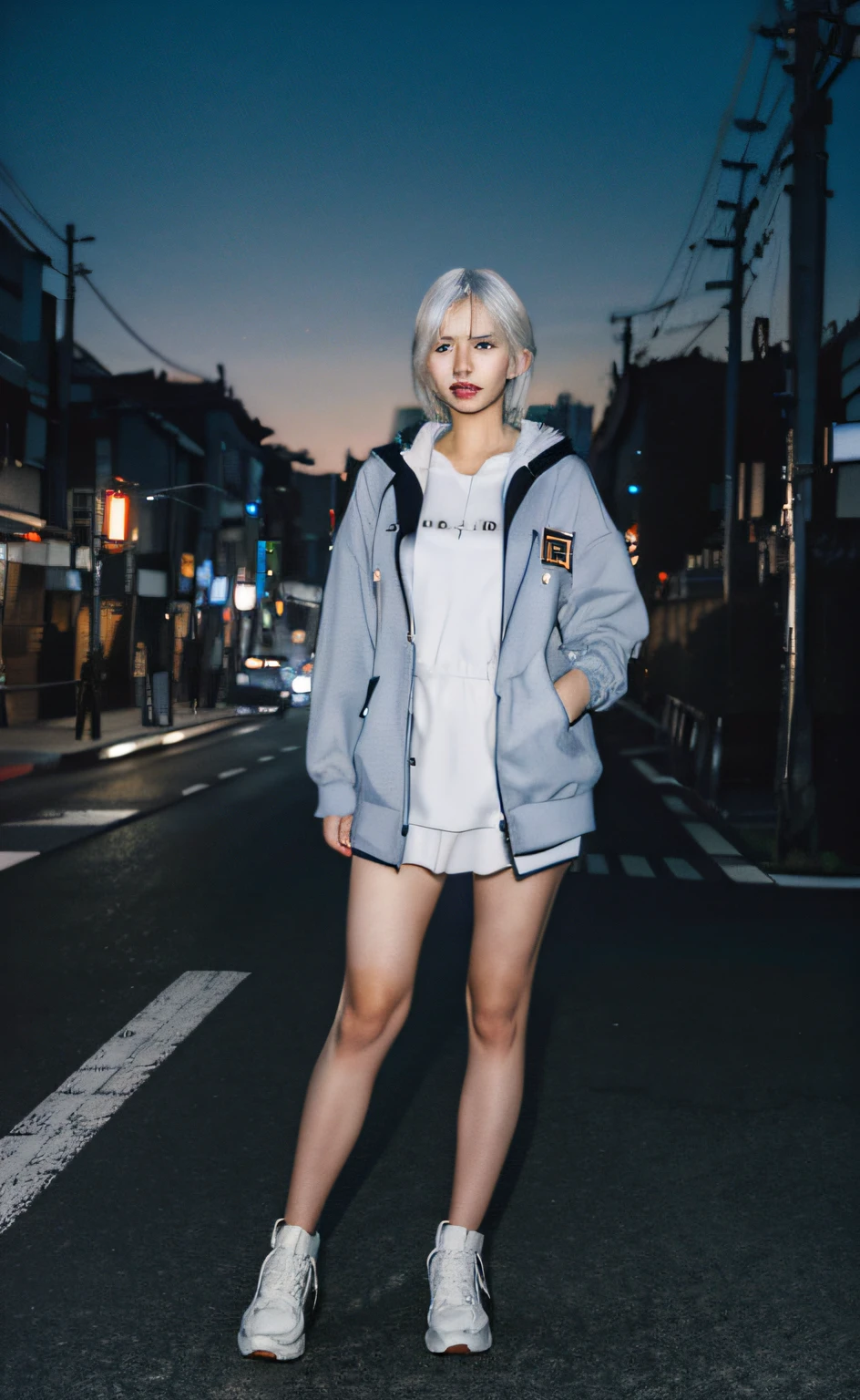 (8k, RAW photo, best quality, masterpiece:1.2), (realistic, photo-realistic:1.37), ultra-detailed,full body,1 girl, solo,beautiful detailed sky,detailed tokyo street,night,beautiful detailed eyes,beautiful detailed lips,professional lighting, photon mapping, radiosity, physically-based rendering,extremely detailed eyes and face, beautiful detailed eyes,light on face,cinematic lighting, short jacket,hoodie,school uniform,full body,full-body shot,see-through,looking at viewer,outdoors,((white hair))