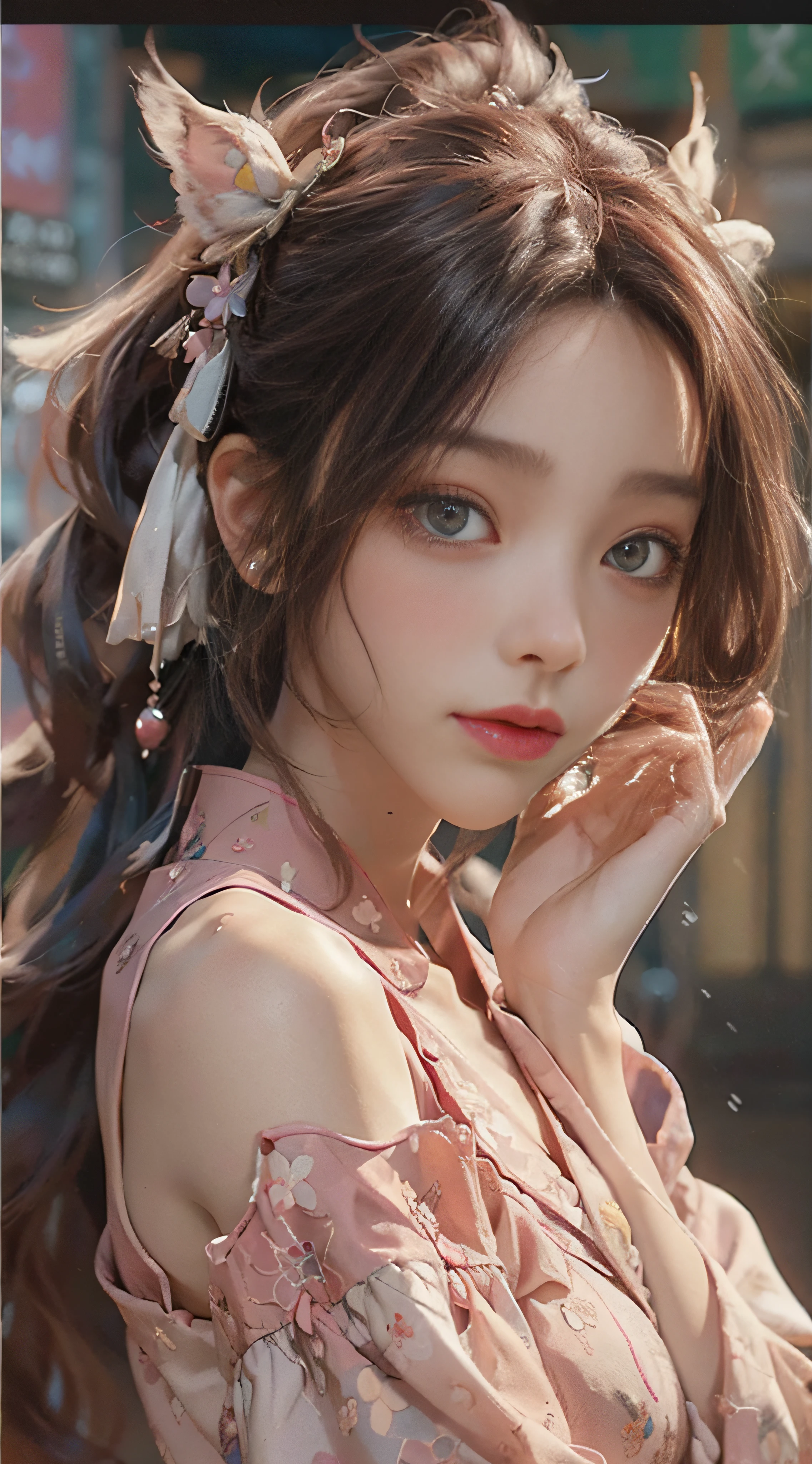 ((best qualtiy)), ((tmasterpiece)), (detail:1.4), 3D, Beautiful cyberpunk female images,hdr(HighDynamicRange),Ray traching,NVIDIA RTX,Hyper-Resolution,illusory 5,Sub-surface scattering,PBR textures,post-proces,Anisotropy Filtering,depth of fields,maximum definition and sharpness,Many-Layer Textures,Albedo e mapas Speculares,Surface coloring,Mitsu-Accurate simulation of material interactions,perfectly proportioned,rendering by octane,Two-colored light,largeaperture,Low ISO,White balance,Rule three points、8K raw data、beautiful bright pupils,off-the-shoulder clothes,Fine pupils,Delicate face and eyes,long eyelasher,Blushlush,Delicate and fluffy hair,Pink lips,Pure,Cute big breasts,Sweet girl,Artistic sense,Casual wear,Advancedsense,butterflys,Cherry blossom petal,Beautiful hair accessories