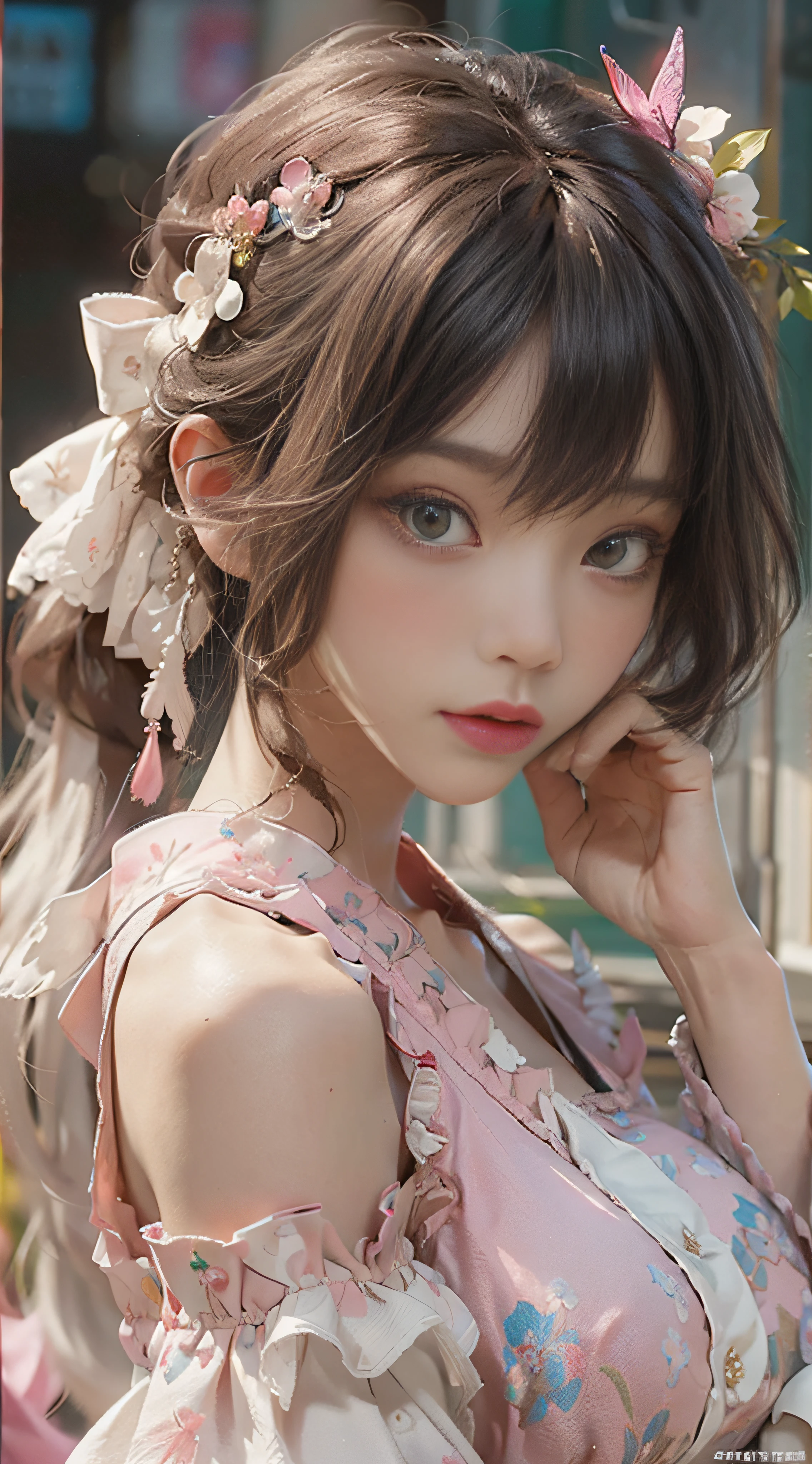 ((best qualtiy)), ((tmasterpiece)), (detail:1.4), 3D, Beautiful cyberpunk female images,hdr(HighDynamicRange),Ray traching,NVIDIA RTX,Hyper-Resolution,illusory 5,Sub-surface scattering,PBR textures,post-proces,Anisotropy Filtering,depth of fields,maximum definition and sharpness,Many-Layer Textures,Albedo e mapas Speculares,Surface coloring,Mitsu-Accurate simulation of material interactions,perfectly proportioned,rendering by octane,Two-colored light,largeaperture,Low ISO,White balance,Rule three points、8K raw data、beautiful bright pupils,off-the-shoulder clothes,Fine pupils,Delicate face and eyes,long eyelasher,Blushlush,Delicate and fluffy hair,Pink lips,Pure,Cute big breasts,Sweet girl,Artistic sense,Casual wear,Advancedsense,butterflys,Cherry blossom petal,Beautiful hair accessories