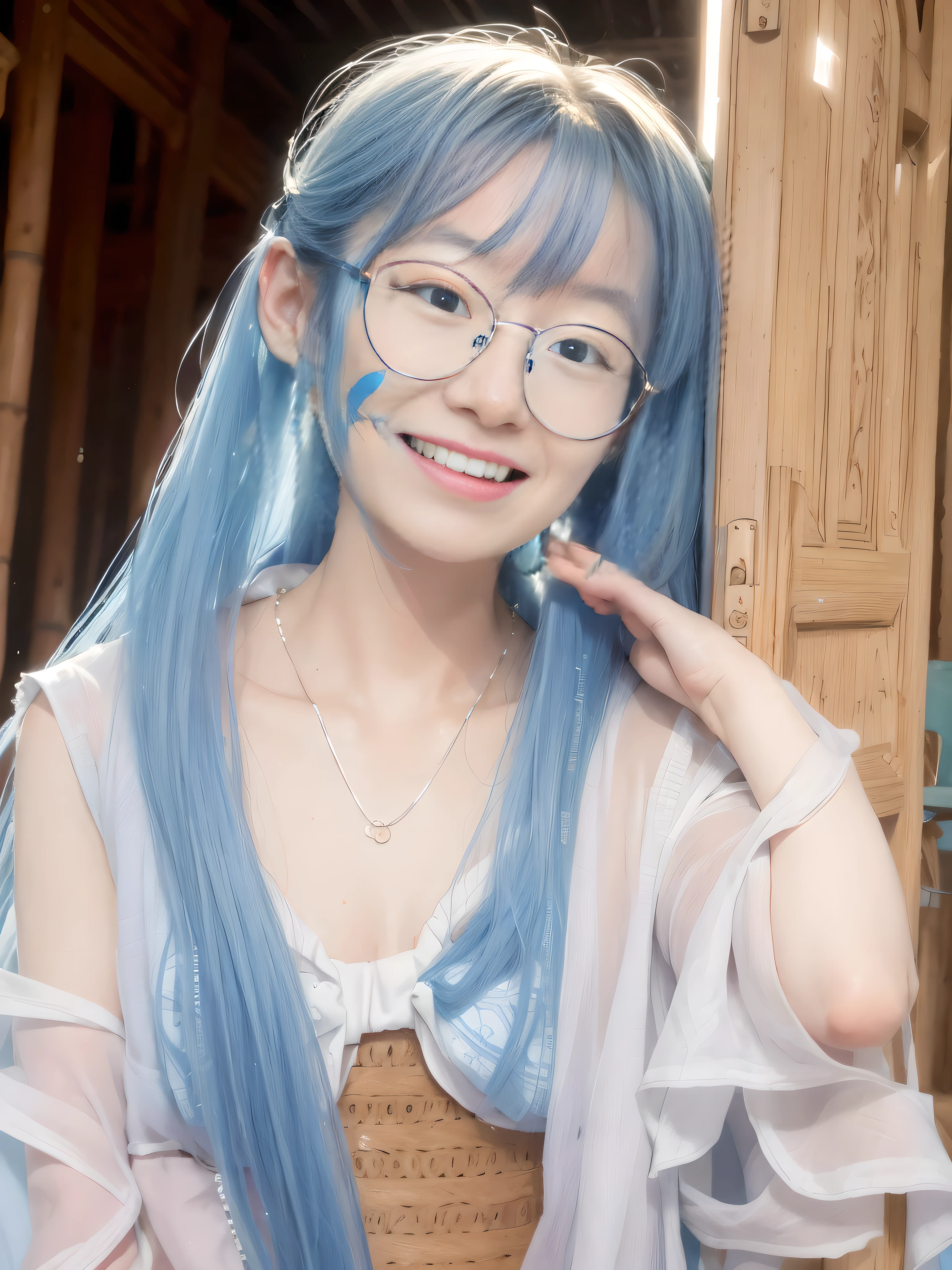 Masterpiece, Best Quality, Official Art, 8k Wallpaper, Very Detailed, Illustration, 1 Girl, Sky Blue Hair, Long Hair, Detailed Eyes, Forrest Gump, Bare Shoulders, Hanfu, Lake, Pure, Soft Smile, bamboo, tea