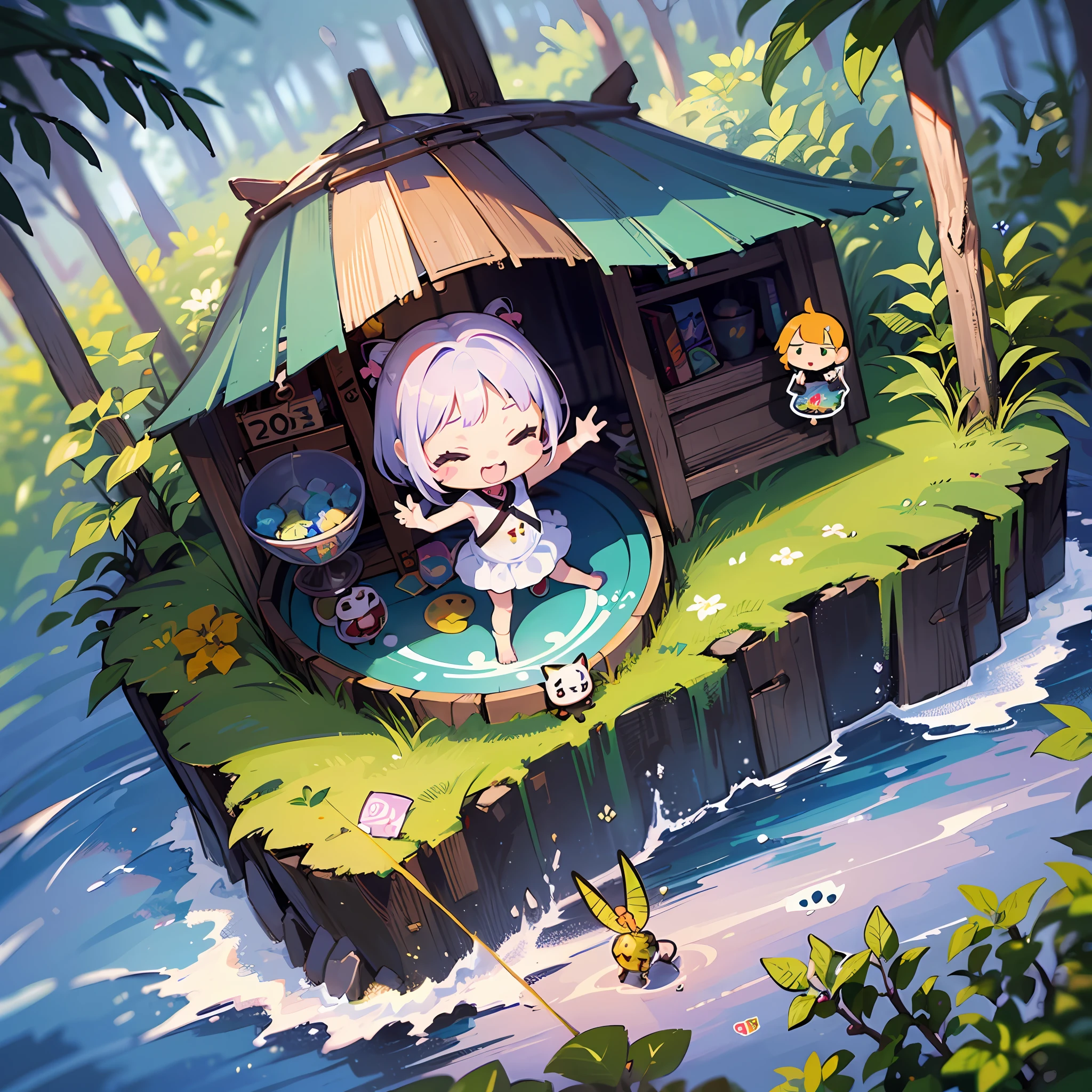 ((a sticker:1.5)))、((Chibi Chara))、(((summer vacation)))、Have a net、1girl in、run、in woods、sano、夏天、Beetle insect、Strongest、Chibi Chara、fullllbody、Pastel colors hair、Fairy tale、Fantastical、masutepiece、top-quality、high-level image quality