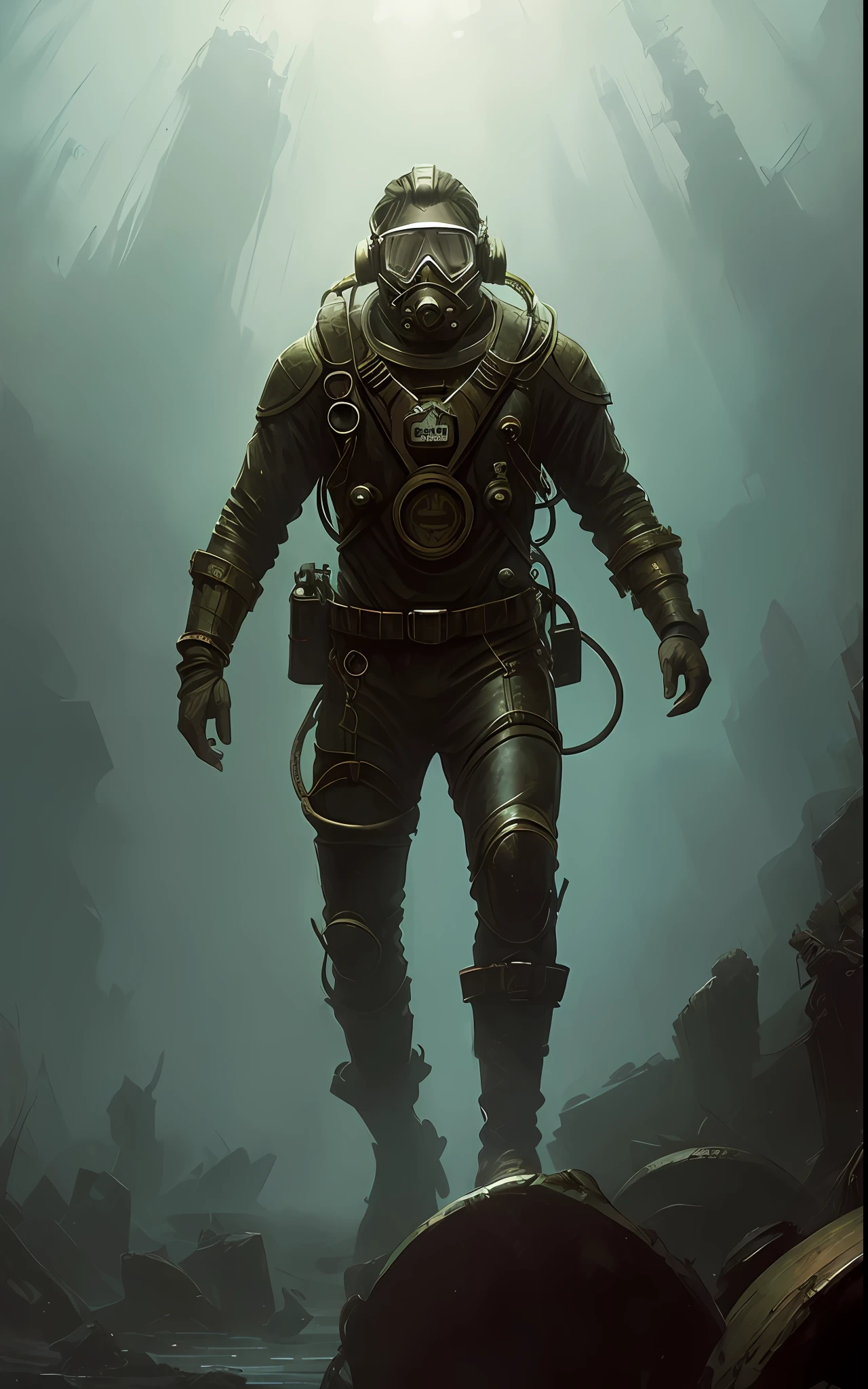 A diver wearing a diving suit, holding a diving light, exploring the mysterious ruins of ancient gods in the dark depths of the ocean. The scattered ancient artifacts suggest the unknown terror. At this moment, he feels the fear of the giant creature that seems to be approaching him quietly. The Cthulhu-style environment creates a sense of horror and mystery. The high-quality image shows a majestic oil painting by Jeremy Mann, Greg Manchess, Antonio Moro. The intricate details and sharp focus reflect the photorealistic style of midjourney and greg rutkowski. The artwork is trending on ArtStation and CGSociety.(((best quality))),(((ultra detailed))),(((masterpiece))),illustration, --auto