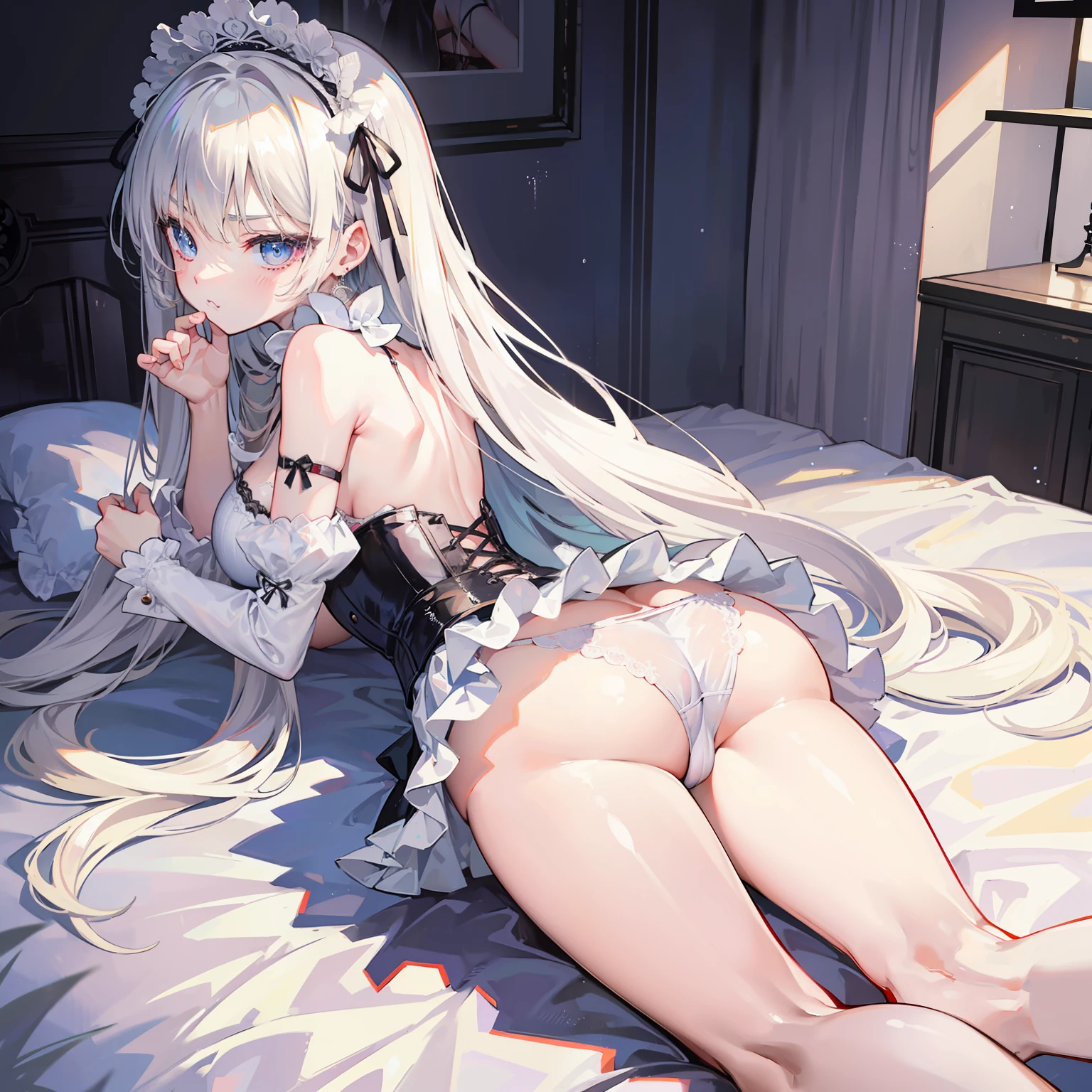 Best picture quality,highly detailed,Body and facial contours:1.2)Rainy days,Wear a white corset strap,White lace erotic panties,Pouting ass,animemanga girl ,Weakness of the body,Slim waist,slender leg,Bedrooms,Side head,