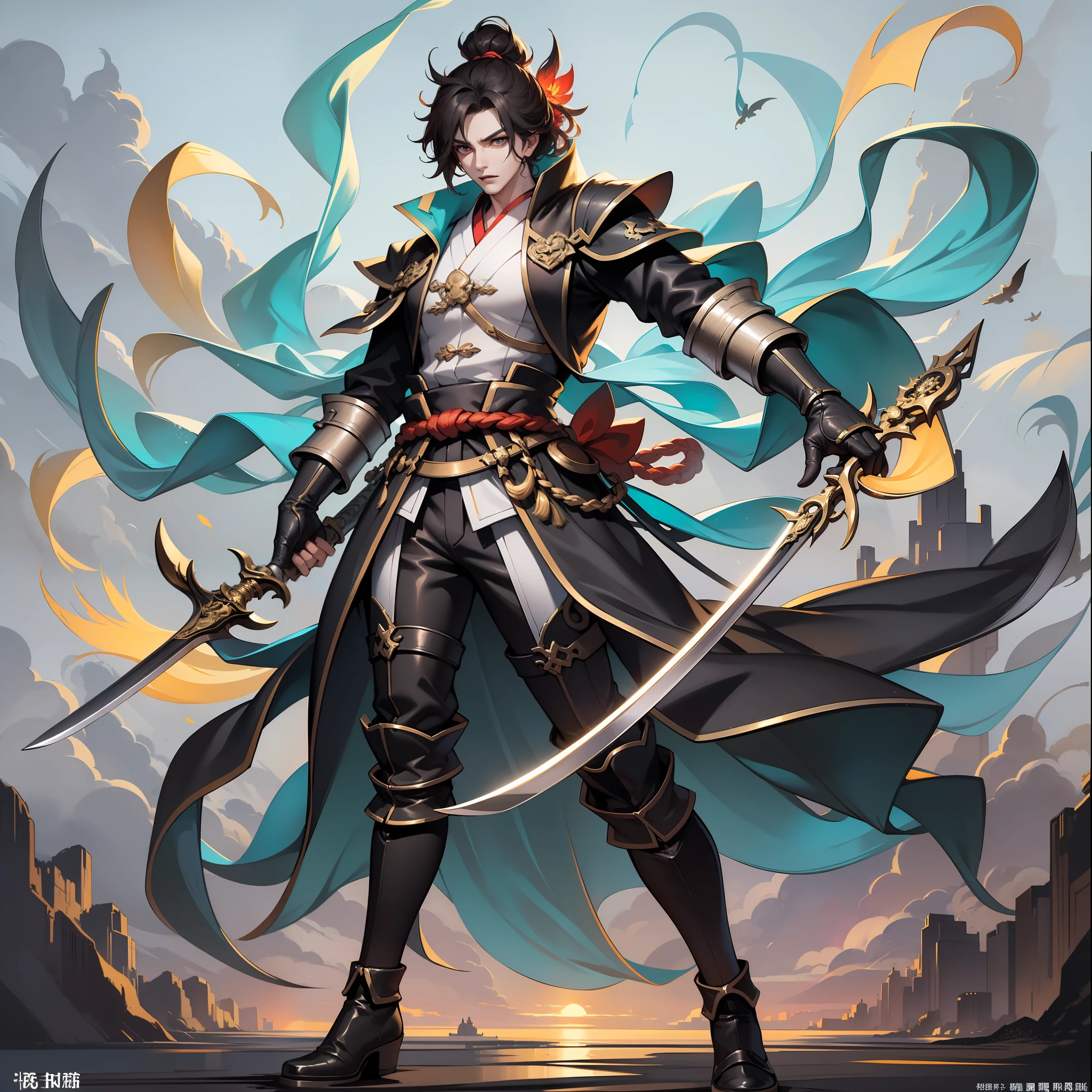 full body shot shot，white colors。Huang Yi is a handsome man，Master of swordsmanship，Known as the Sword Demon。He wears a black ancient Chinese robe，Black hair，Eyes resolute。