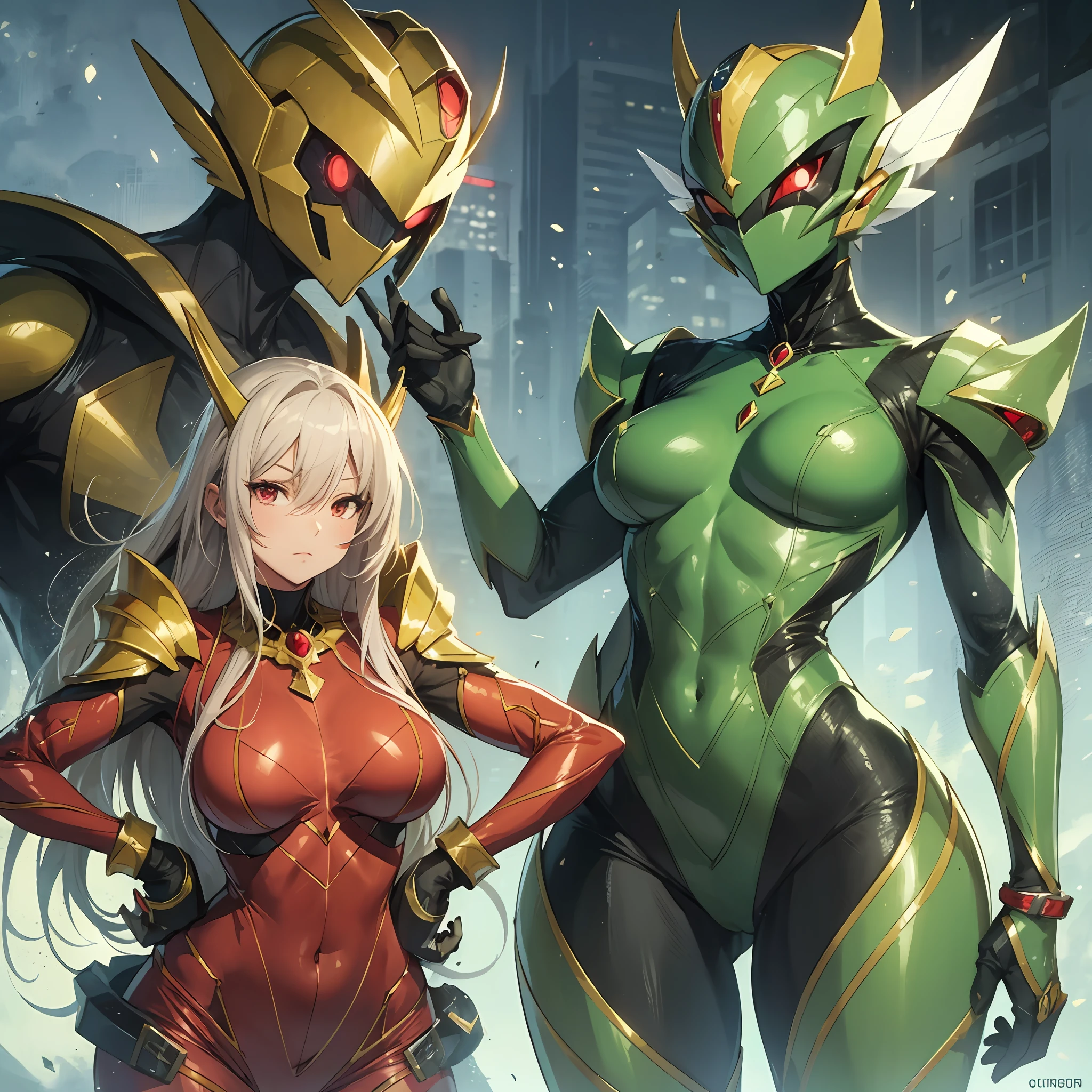 Cartoon photo of woman in green and red costume, hot insect humanoid woman, Guyver style, SFW version, red eye, scarab reploid, bellows tail, cel shade adult animation, alien queen, serpentine pose, --auto --s2