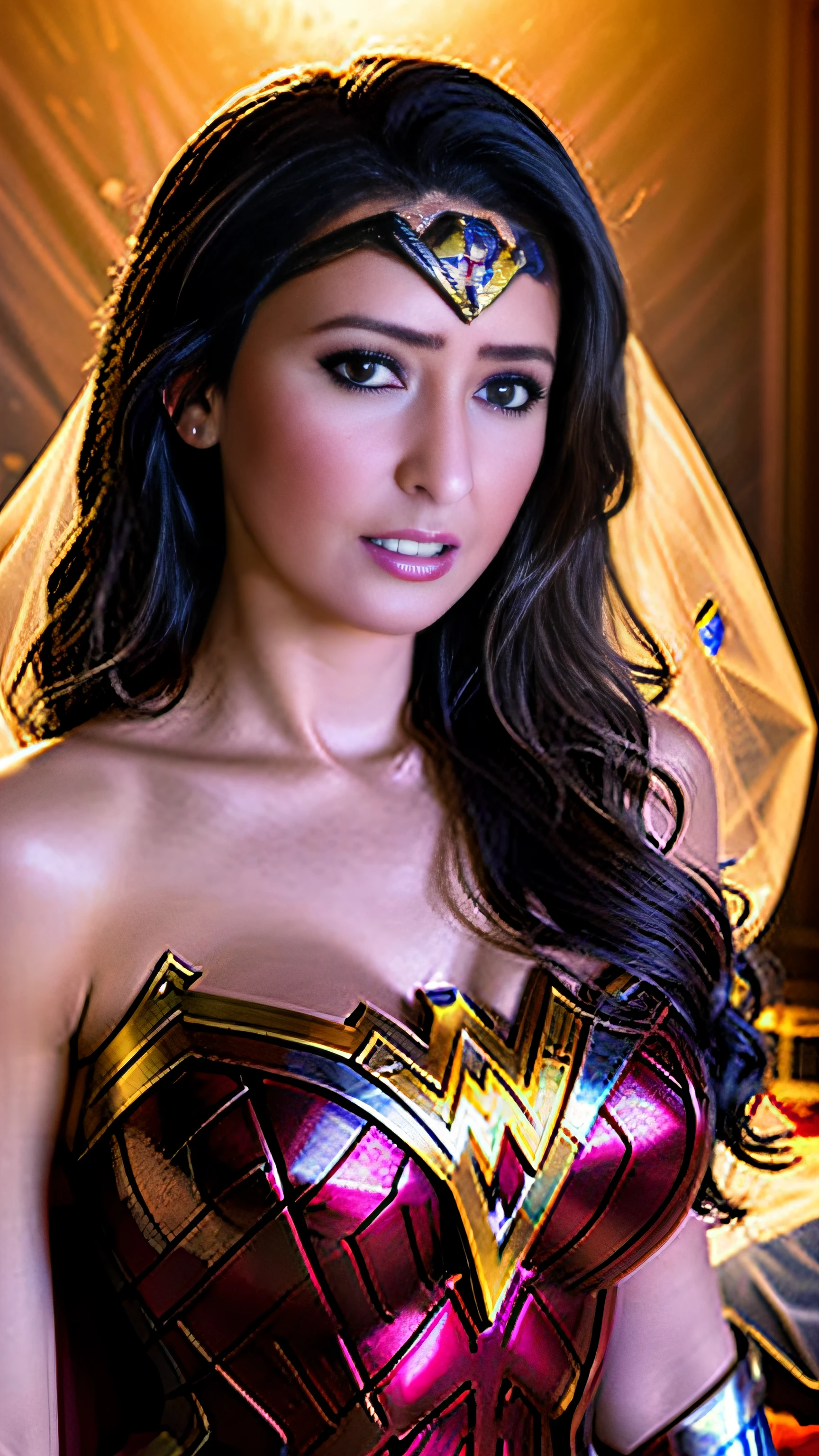 (hyper realistic:1.4), photo portrait of the wonder woman, colorful, realistic round eyes, dreamy magical atmosphere, superheroine costume, (large breasts:1.3),