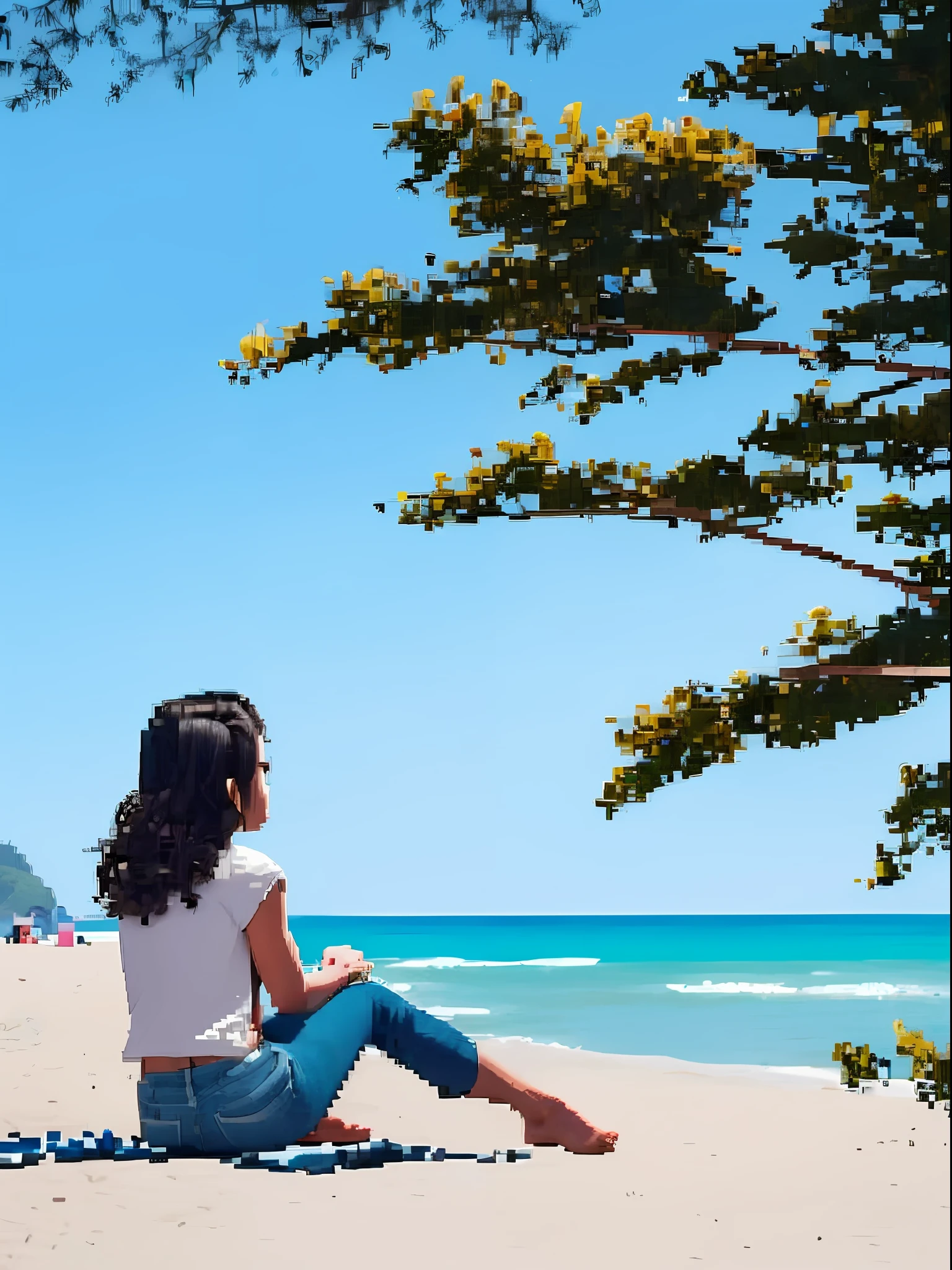 (pixel art_1.1), a lone (1girl) sits on the (beach), wearing a white t-shirt and jeans. Her (medium wavy hair) flutters in the wind as she gazes out at the endless (ocean).