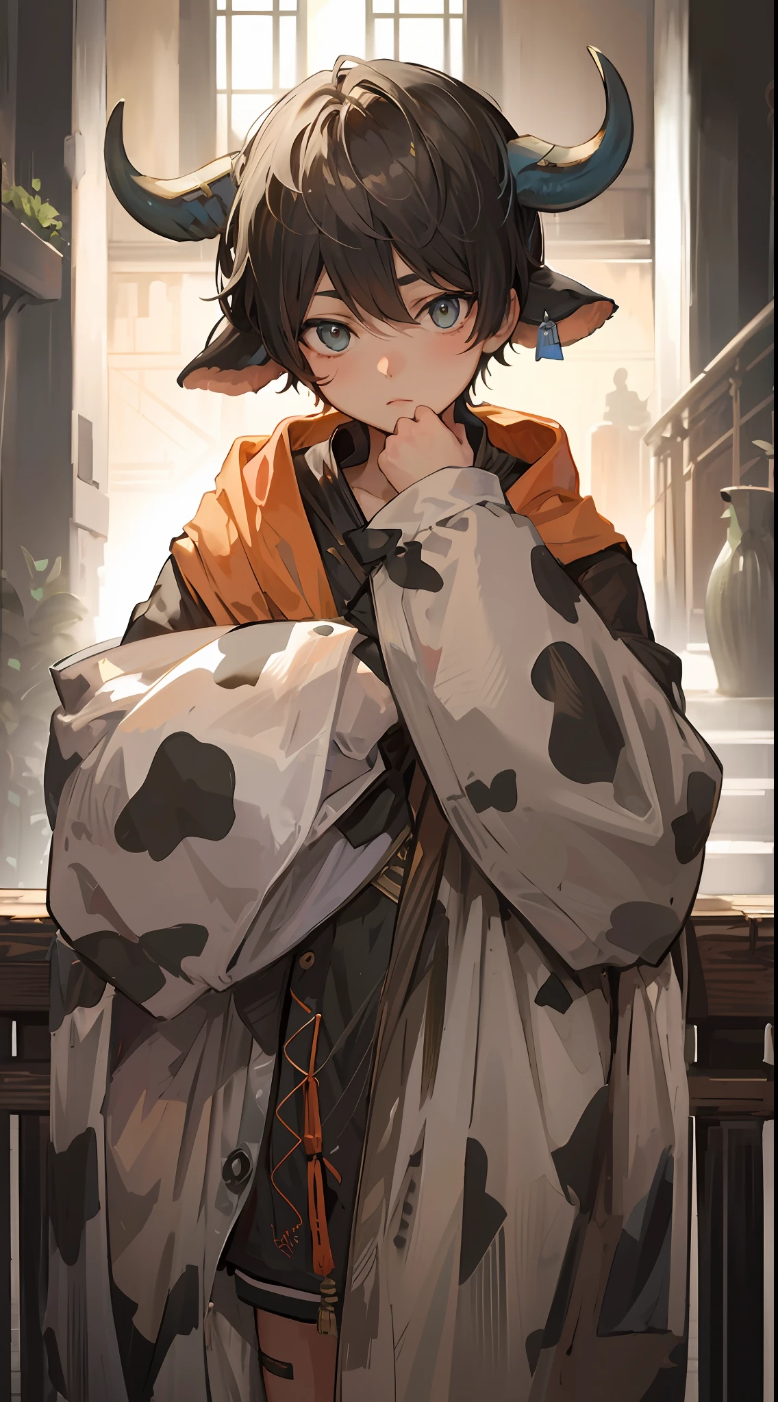 Anime boy in horn and cow costume sitting on bench, from arknights, by Kamagurka, Genshin, guweiz, kawacy, lalafell, by Shitao, artwork in the style of guweiz, XQCOW, ((wearing aristocrat robe)), guweiz on pixiv artstation