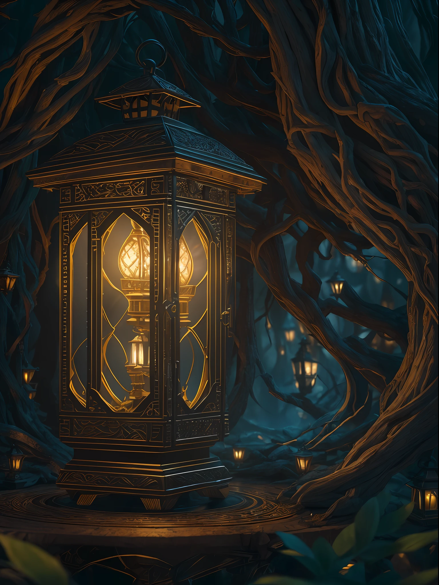 (ultra-detailed CG unity 8k wallpaper,masterpiece, best quality, depth of field, HDR, intricate), A beautiful lantern glows brightly in the (dark fantasy) world, with intricate details and textures. The lantern light illuminates the mysterious surroundings, casting unique shadows and reflections, from Greg Rutkowski