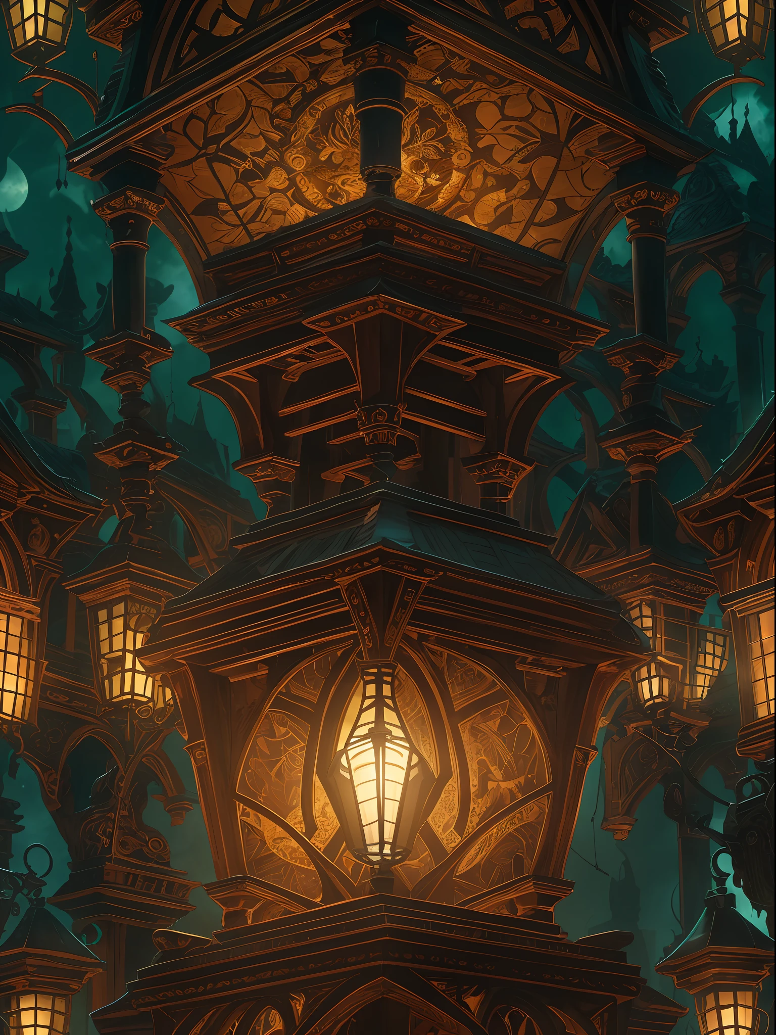 (ultra-detailed CG unity 8k wallpaper,masterpiece, best quality, depth of field, HDR, intricate), A beautiful lantern glows brightly in the (dark fantasy) world, with intricate details and textures. The lantern light illuminates the mysterious surroundings, casting unique shadows and reflections, from Greg Rutkowski
