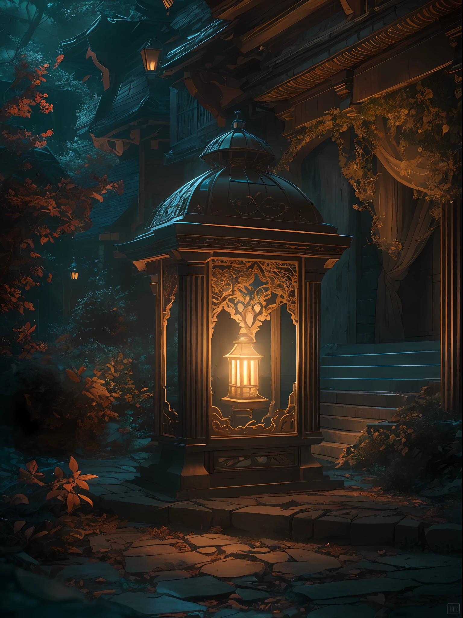 (ultra-detailed CG unity 8k wallpaper,masterpiece, best quality, depth of field, HDR, intricate), A beautiful lantern glows brightly in the (dark fantasy) world, with intricate details and textures. The lantern light illuminates the mysterious surroundings, casting unique shadows and reflections, from Greg Rutkowski