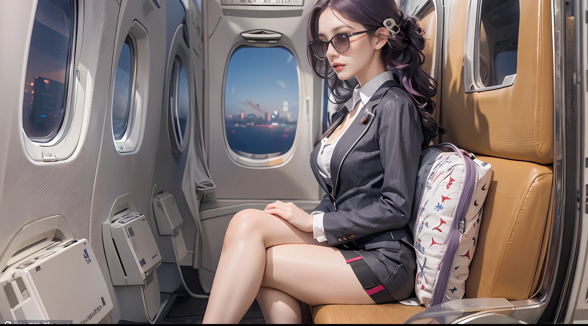 (Best quality: 1.1), (Realistic: 1.1), (Photography: 1.1), (highly details: 1.1), (1womanl), Airline flight attendants,Red coat,White shirt,Short skirt,black lence stockings,bent down,In the plane,KafkaHKS,hong kong,Purple eyes, Purple hair, eyewear on head, sunglasses,Large breasts,