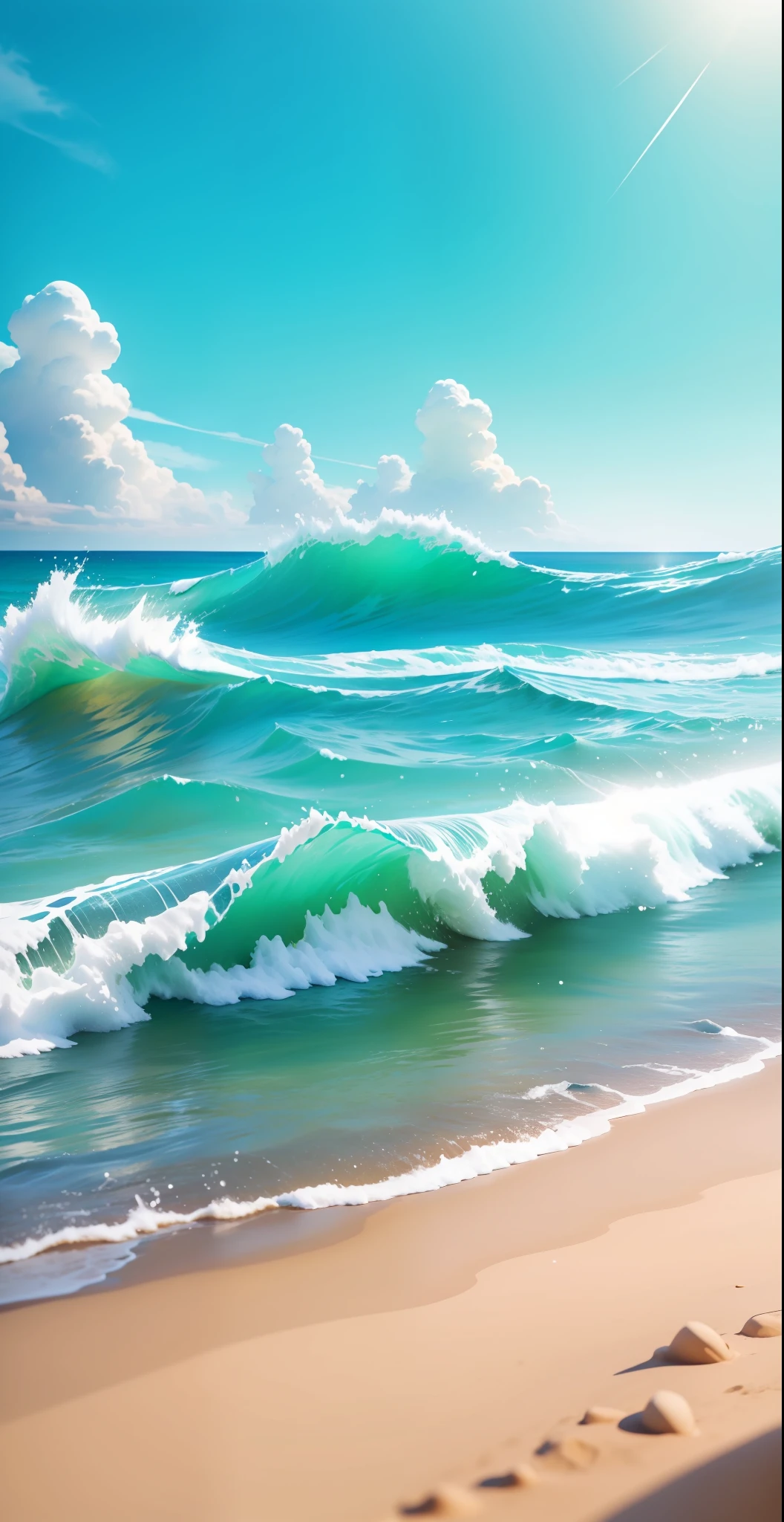 Summer seaside, beach, sunny weather, clear sky, sunny, colorful, happy summer vacation, simple picture, close-up, brilliant sunshine, distant waves, visual impact, 3D dreamWorks style