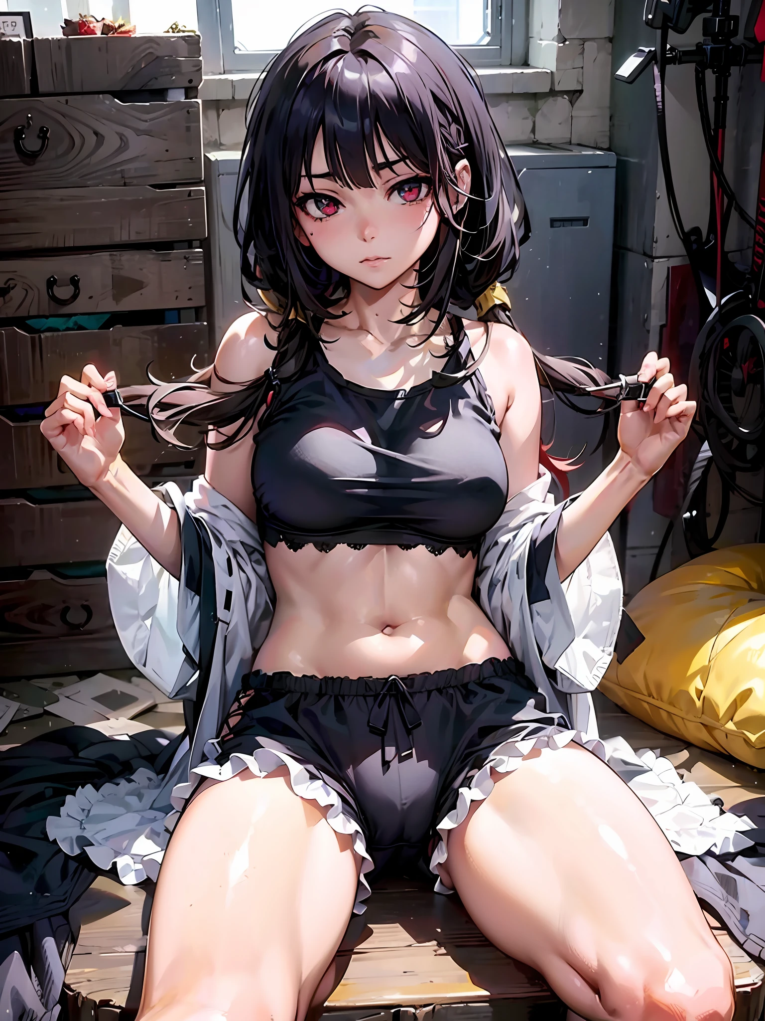 anime tokisaki kurumi in black underwear sitting on a bed with a knife, seductive anime girl, guweiz, beautiful anime girl squatting, artwork in the style of guweiz, attractive anime girl, the anime girl is crouching, kantai collection style, anime girl, fine details. girls frontline, beautiful alluring anime woman, beautiful anime girl, tokisaki kurumi