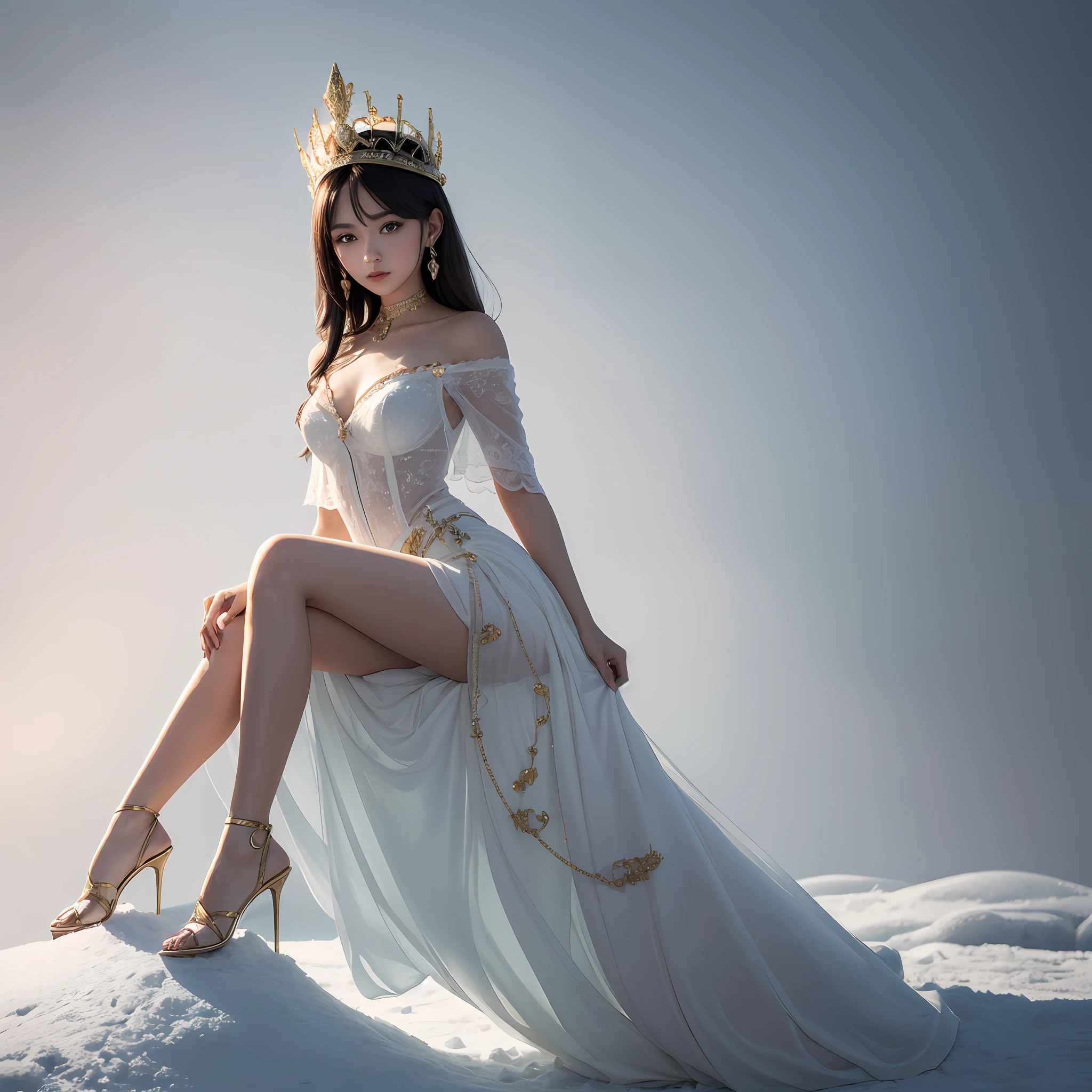 ((best qualtiy)), ((tmasterpiece)), (the detail:1.4), Image of a queen on top of a snowy mountain(HighDynamicRange),Ray traching,NVIDIA RTX,Hyper-Resolution,Unreal 5,Subsurface scattering、PBR Texture、post-proces、Anisotropy Filtering、depth of fields、maximum definition and sharpness、Many-Layer Textures、Albedo e mapas Speculares、Surface coloring、Accurate simulation of light-material interactions、perfectly proportions、rendering by octane、Two-colored light、largeaperture、Low ISO、White balance、the rule of thirds、8K raw data、realisticlying,(Fluff is dignified,Perfect proportions,Bright eyes,light make-up,black big eyes,Pink and moist lips),Black hair,black big eyes,refrigeratory,Sharp eyes,fresh flowers,(tmasterpiece,realisticlying,A high resolution),((1 age girl):1.2),Headdress: White long skirt full body photo: melon seed face, water snake waist, golden ratio, 4K snow mountain top off-the-shoulder jewelry, queen bare legs, tender legs, HD jade feet, HD