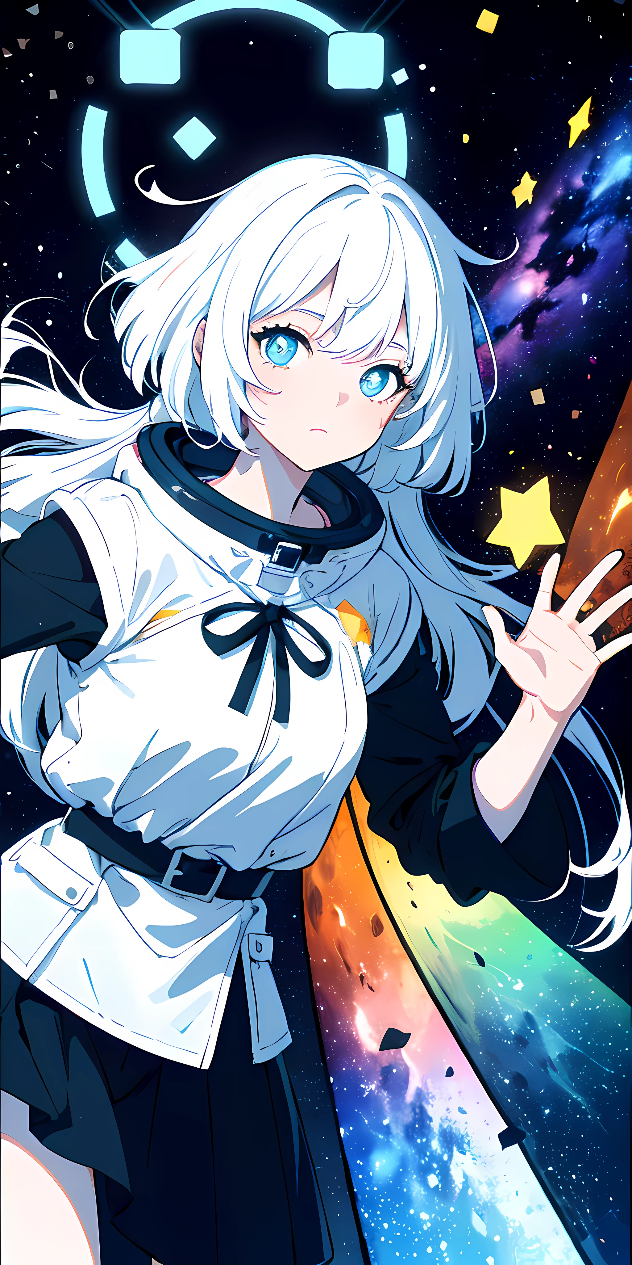 1girll, White hair, pupils in symbol shapes, Goddess of space, milky ways, Light particles, Light rays, the wallpaper, High contrast, Colorful,