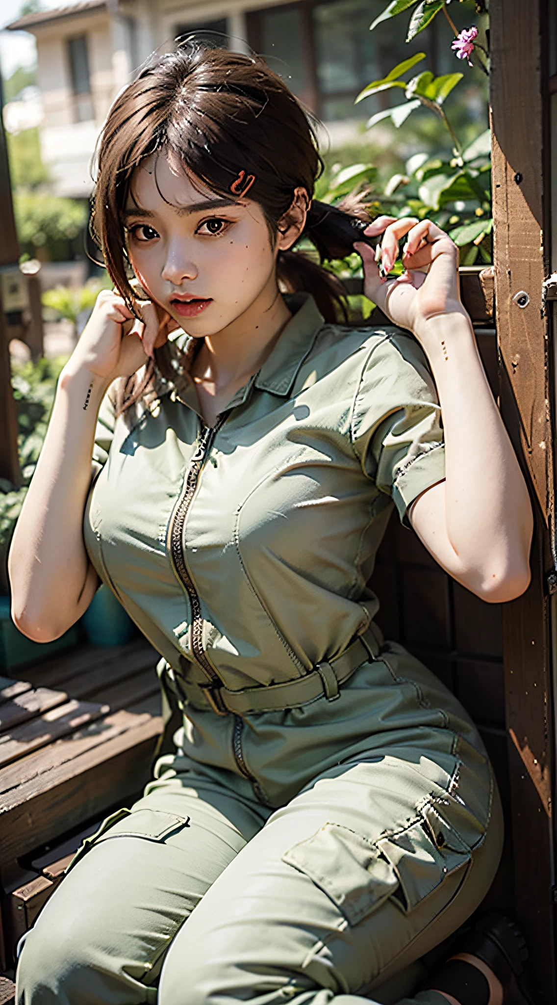 1 girl, solo, brown hair, cargo jumpsuit, looking at the audience, long hair, garden, brown eyes, reality, curvaceous pose, oversized breasts