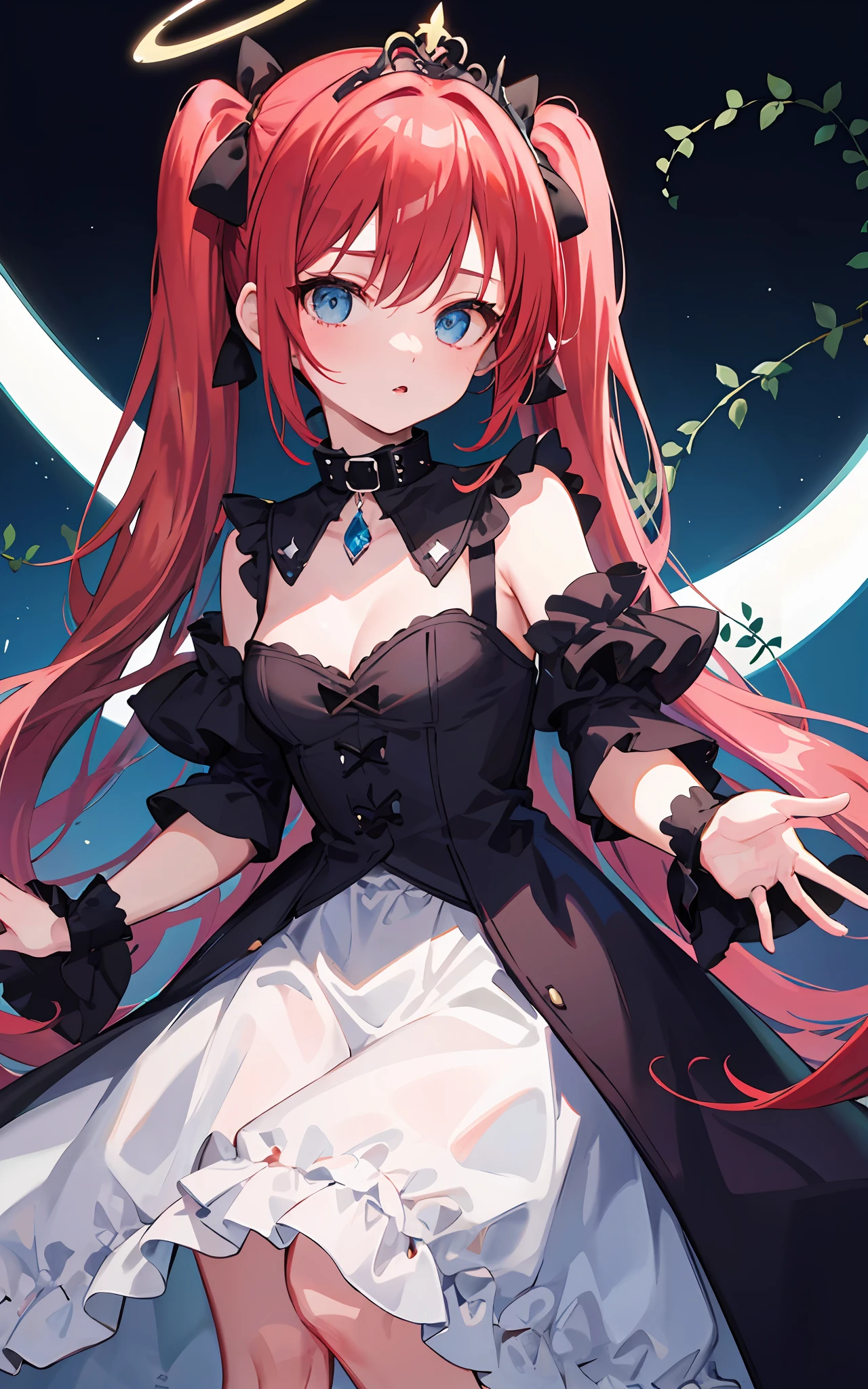 {{best quality}}, {{masterpiece}}, {{ultra-detailed}}, {illustration}, {detailed light}, Red hair, Blue eyes, twintails, Goth ta, Darkgoth, Collar,Crown tiara,pride,solo,lolig hair,Red vine, halo