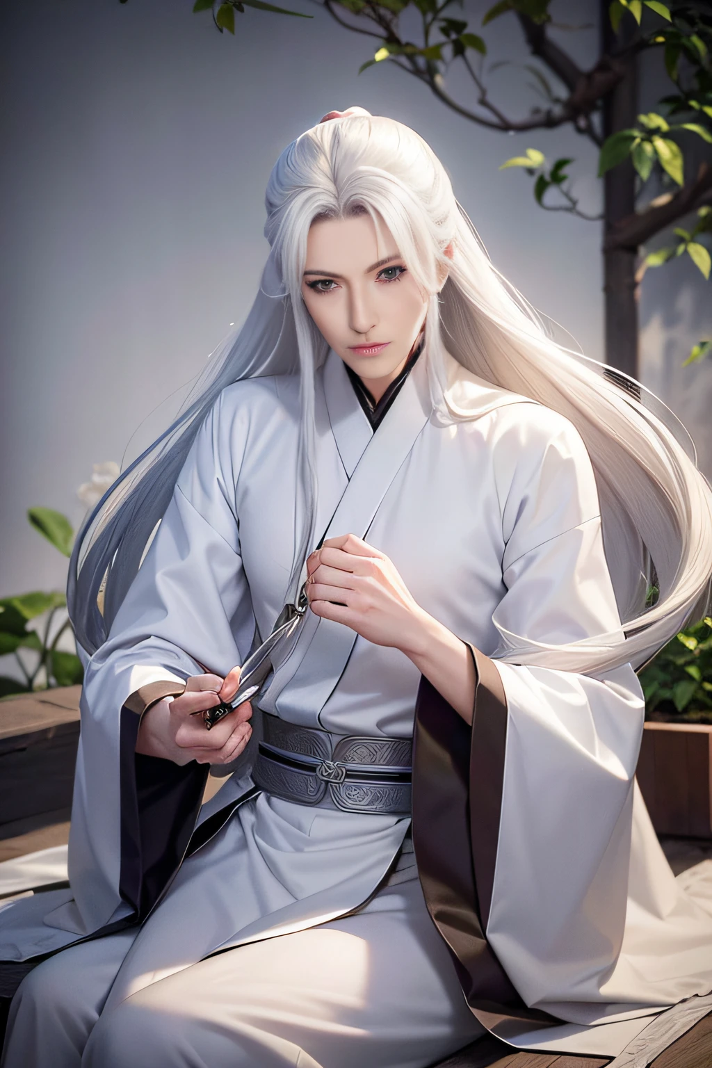 A handsome man bathing in the moonlight, he has strong chest muscles, women will fall in love with him when they see him, high-definition pictures, amazing quality, 8k high-definition, beautiful eyes, high nose bridge, pointed chin, Wearing Hanfu, Hanfu is made of white gauze, exuding a beautiful light,The man has long hair, his hairline is low and his hair is silver white,He has long hair like martial arts novels,Outdoor scene with sakura trees around and petals falling down,The man has silver-white bangs and long silver-white hair that grows to his waist,He is dressed in silk, a white slightly sheer Chinese robe,His normal body is in the hot spring, night,There are many fireflies flying around, the environment is beautiful and beautiful,his hair is very long,Chinese style, Chinese ancient style, Hanfu,The man has very long hair, silver and white hair, wearing a beautiful Chinese hairpin,Changing his original hairstyle and extending the bangs of this man, let him have the long hair of ancient Chinese people, he has silver-white long hair,He holds a silver Chinese sword in his hand, the Chinese sword is very gorgeous, the sword is shining, he has silver-white eyebrows, he has long eyelashes, he has beautiful eyes, he has slender fingers,He is so handsome that women fall in love with him instantly,Lowering his hairline, sideburns elongated into silver hair,Showing off his toned pecs, perfect body,His body exudes a beautiful light,Loose long hair, long silver-white hair, long hair scattered on the shoulders, long hair scattered to the waist,He's in the hot spring, he's getting wet, he's sitting in the hot spring,turned his black eyebrows to silvery white,night scene,extend all his hair,His hair has a Chinese-style hairpin made of milky white jade,His silver-white hair is very long, and his hair is very flowing, and his hair is flying in the air,The material of the clothes is sheer tulle,His clothes are made of silk, very thin robes,Ancient Chinese Hanfu, beautiful Han