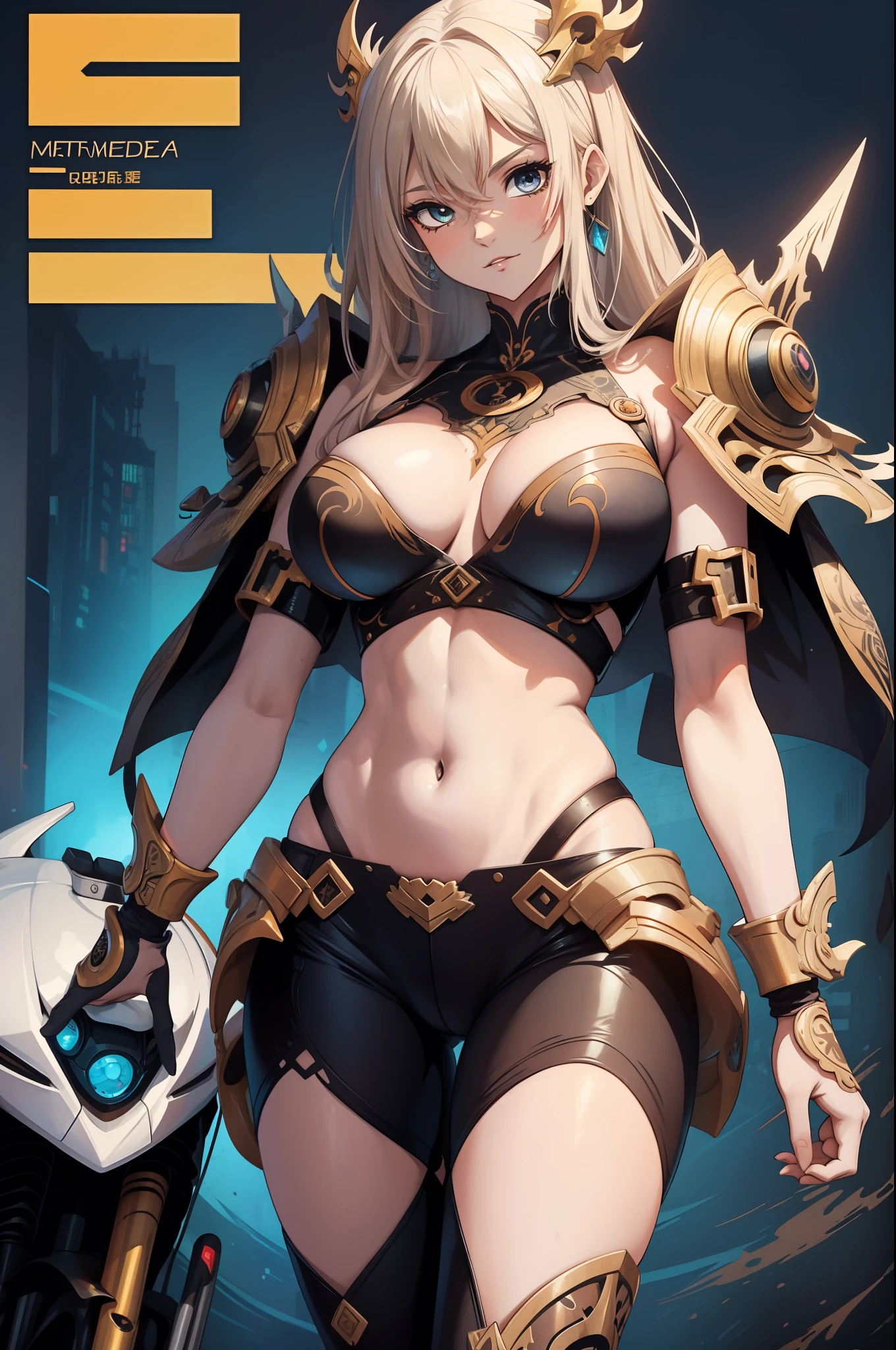 background, mixed-language_text, Japanese letters in graffit, girls, long blonde hair, excellent lighting, sidelighting, perfect ultimate (flat color: 1.3), (magazine_cover: 1.4), (multicolored_background: 1.3), striped_background, card_background, :: comix style by joe madureira :: circular pieces of white metals glued to the ultra detailed arms coming out sparkling shine, perfect and detailed, ultra detailed shirt with abstract design and with Japanese letter print in graffit of the sides of clothing, image of girls with big breast, on top of a futuristic motorcycle, with immersive effects, hover effect, background graffiti style tribal tattoo with flowers and vibrant colors, "ultra HDR" detailed and with focus effect, (masterpiece: 1.2, best quality), (beautiful eyes with huge eyelashes finely detailed: 1.2), , ((Solo)), (Finely detailed eyes and detailed face: 1.3),  in various full-body attack poses, (cute background: 1.2),futuristic costume, super detailed circular metals Clinging to the arms and pants, fantastic paintings