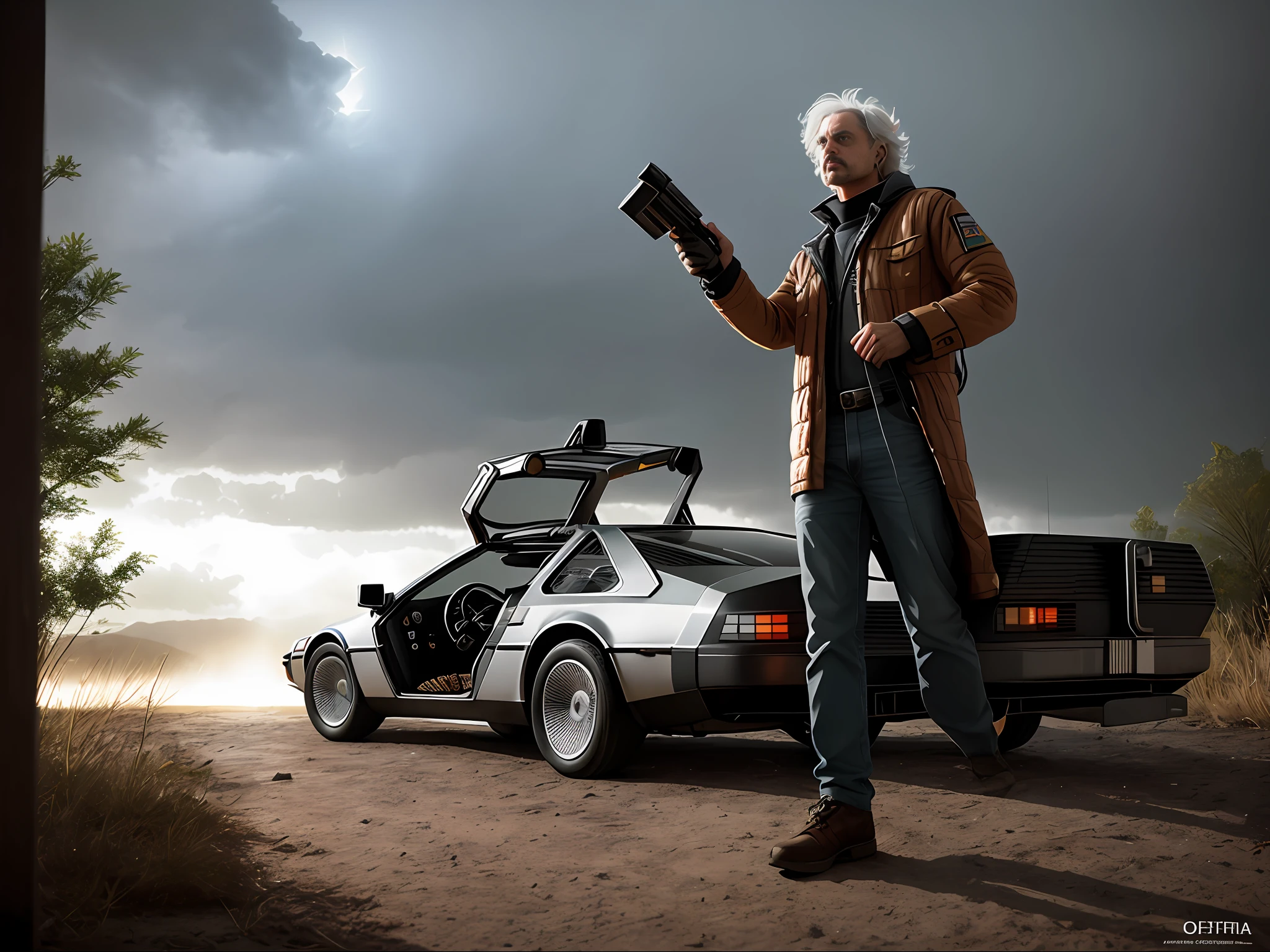 Poster de cinema, Doutor Emmet Brown, De Volta para o Futuro, deLorian de De Volta para o Futuro ao fundo, (cientista),(muscular:1.2), (lua cheia) HDR, high-quality cinematic angle, rosto perfeito, lighting soft fuzzy, profundidade de campo rasa, por (Oliver Wetter), foto (PlanetStain:0.1) (TimeCar:1.2) delorean, fotografado em uma Canon EOS R5, lente 28mm, F /2.8, Melhor qualidade, 4K, 8K, Ultra Highres, Raw Photo em HDR, Sharp Focus, Textura intrincada, Through a Storm on the Bayou, Obra-prima, Premiado, lighting dramatic, foco nítido, Detalhes suaves e intrincados, Papel de parede 8K, trending in the artstation