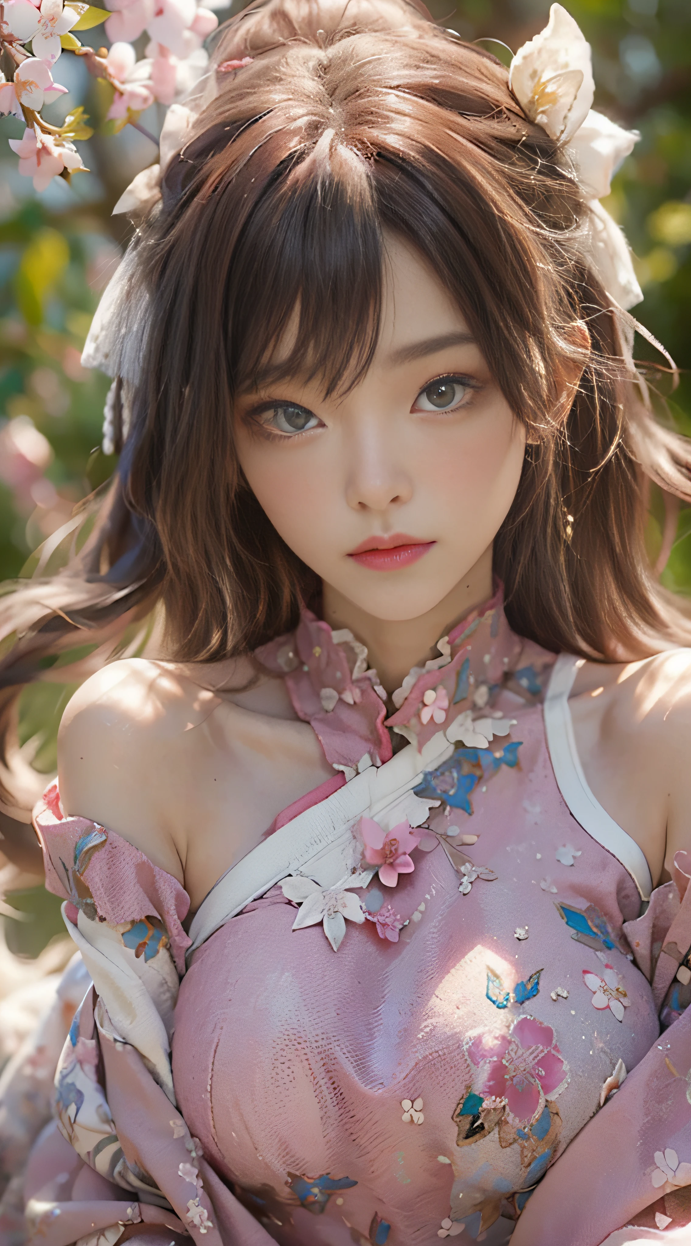 ((best qualtiy)), ((tmasterpiece)), (detail:1.4), 3D, Beautiful cyberpunk female images,hdr(HighDynamicRange),Ray traching,NVIDIA RTX,Hyper-Resolution,illusory 5,Sub-surface scattering,PBR textures,post-proces,Anisotropy Filtering,depth of fields,maximum definition and sharpness,Many-Layer Textures,Albedo e mapas Speculares,Surface coloring,Mitsu-Accurate simulation of material interactions,perfectly proportioned,rendering by octane,Two-colored light,largeaperture,Low ISO,White balance,Rule three points、8K raw data、beautiful bright pupils,off-the-shoulder clothes,Fine pupils,Delicate face and eyes,long eyelasher,Blushlush,Delicate and fluffy hair,Pink lips,Pure,Cute big breasts,Sweet girl,Artistic sense,Casual wear,Advancedsense,butterflys,Cherry blossom petal,Beautiful hair accessories