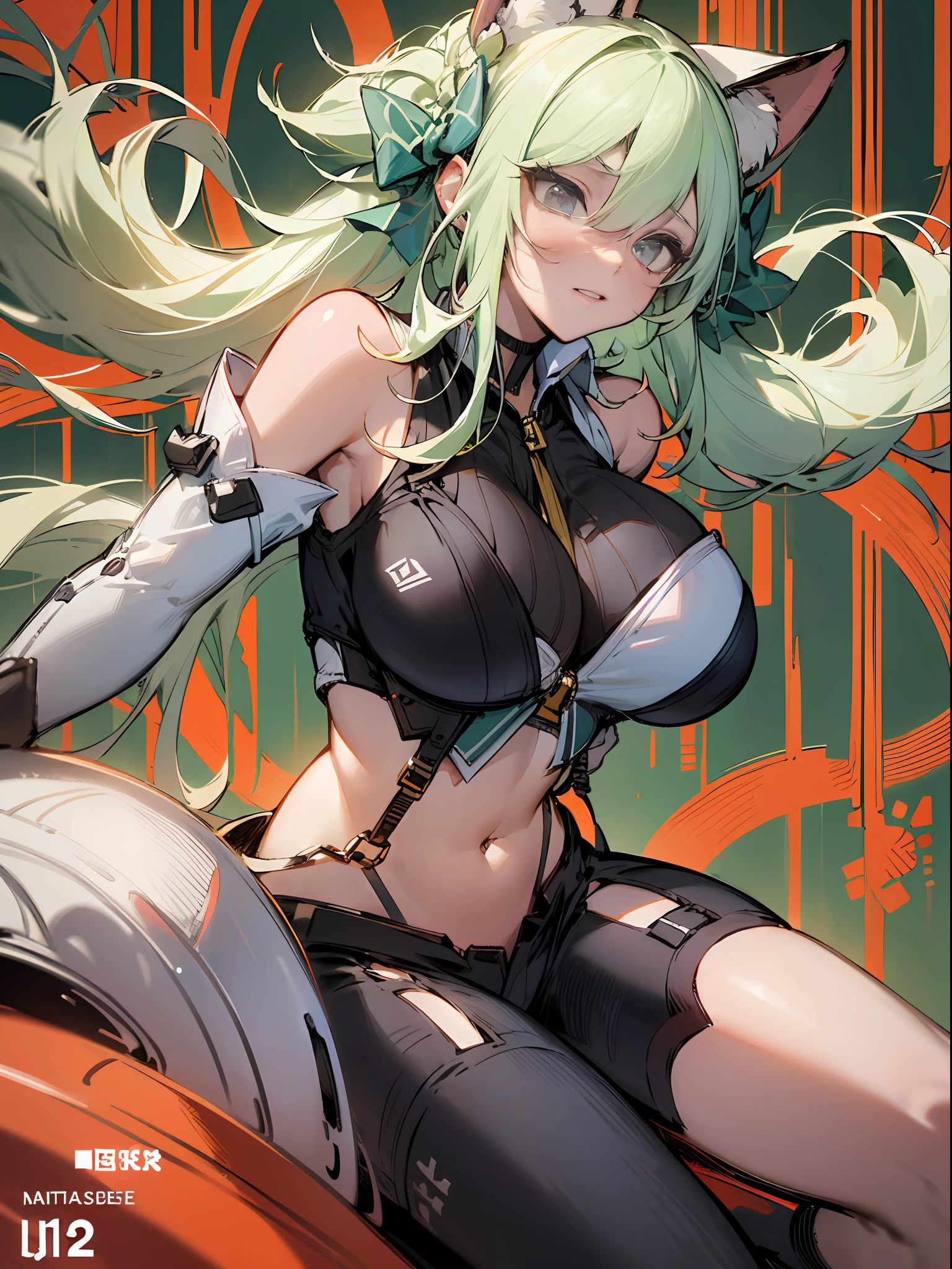 background, mixed-language_text, Japanese letters in graffit, girls, long blonde hair, excellent lighting, sidelighting, perfect ultimate (flat color: 1.3), (magazine_cover: 1.4), (multicolored_background: 1.3), striped_background, card_background, :: comix style by joe madureira :: circular pieces of white metals glued to the ultra detailed arms coming out sparkling shine, perfect and detailed, ultra detailed shirt with abstract design and with Japanese letter print in graffit of the sides of clothing, image of girls with big breast, on top of a futuristic motorcycle, with immersive effects, hover effect, background graffiti style tribal tattoo with flowers and vibrant colors, "ultra HDR" detailed and with focus effect, (masterpiece: 1.2, best quality), (beautiful eyes with huge eyelashes finely detailed: 1.2), , ((Solo)), (Finely detailed eyes and detailed face: 1.3),  in various full-body attack poses, (cute background: 1.2),futuristic costume, super detailed circular metals Clinging to the arms and pants, fantastic paintings