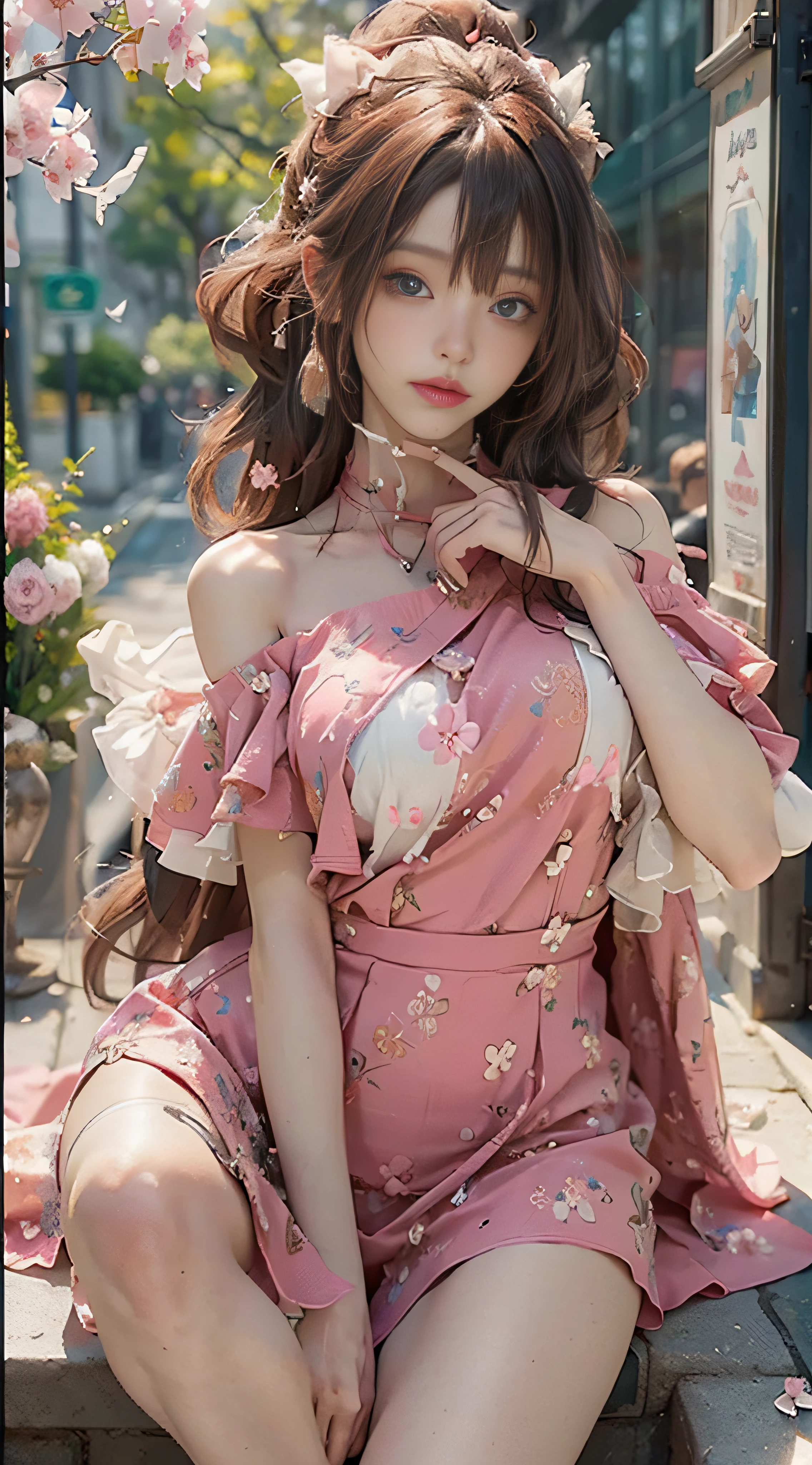 ((best qualtiy)), ((tmasterpiece)), (detail:1.4), 3D, Beautiful cyberpunk female images,hdr(HighDynamicRange),Ray traching,NVIDIA RTX,Hyper-Resolution,illusory 5,Sub-surface scattering,PBR textures,post-proces,Anisotropy Filtering,depth of fields,maximum definition and sharpness,Many-Layer Textures,Albedo e mapas Speculares,Surface coloring,Mitsu-Accurate simulation of material interactions,perfectly proportioned,rendering by octane,Two-colored light,largeaperture,Low ISO,White balance,Rule three points、8K raw data、beautiful bright pupils,off-the-shoulder clothes,Fine pupils,Delicate face and eyes,long eyelasher,Blushlush,Delicate and fluffy hair,Pink lips,Pure,Cute big breasts,Sweet girl,Artistic sense,Casual wear,Advancedsense,butterflys,Cherry blossom petal,Beautiful hair accessories