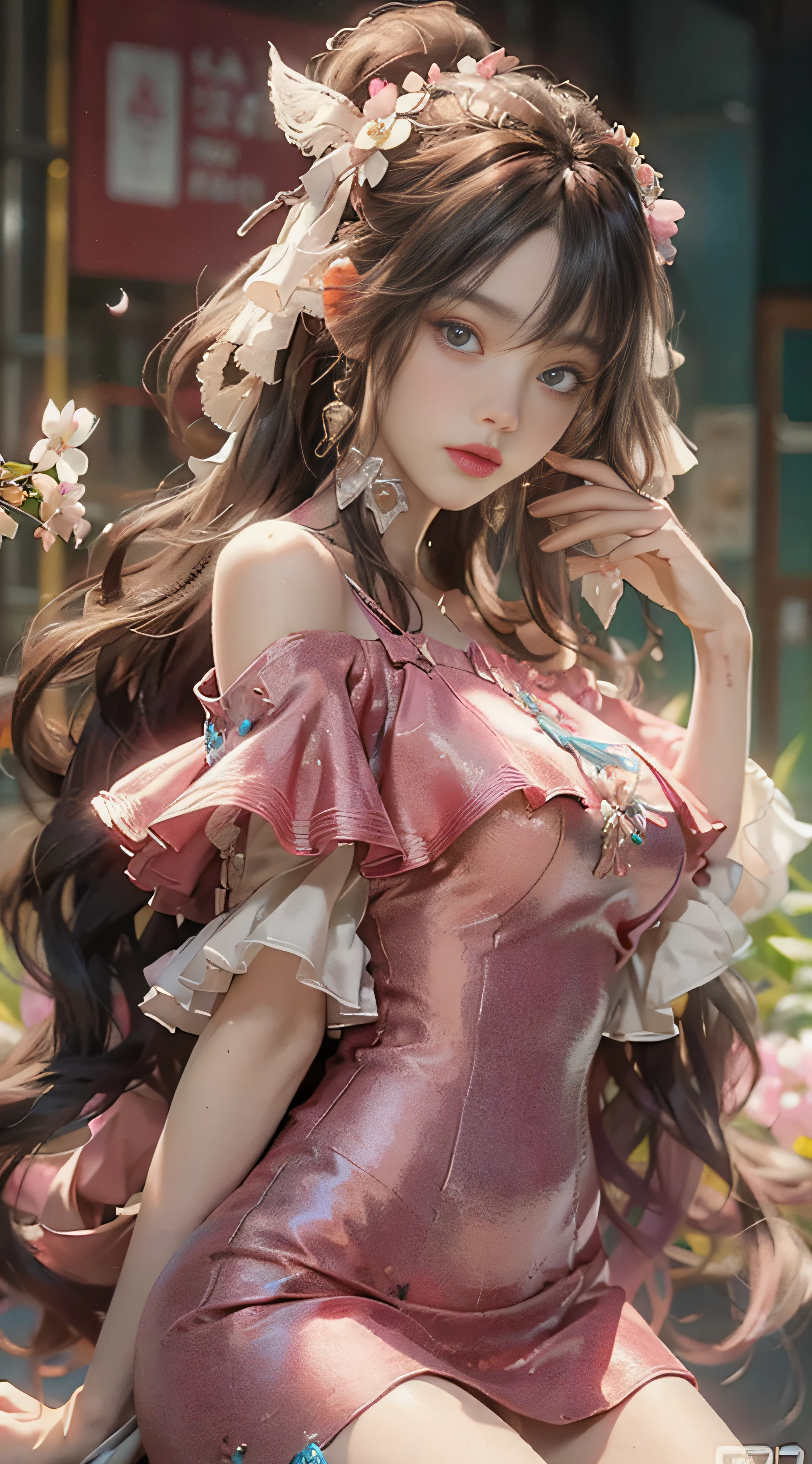 ((best qualtiy)), ((tmasterpiece)), (detail:1.4), 3D, Beautiful cyberpunk female images,hdr(HighDynamicRange),Ray traching,NVIDIA RTX,Hyper-Resolution,illusory 5,Sub-surface scattering,PBR textures,post-proces,Anisotropy Filtering,depth of fields,maximum definition and sharpness,Many-Layer Textures,Albedo e mapas Speculares,Surface coloring,Mitsu-Accurate simulation of material interactions,perfectly proportioned,rendering by octane,Two-colored light,largeaperture,Low ISO,White balance,Rule three points、8K raw data、beautiful bright pupils,off-the-shoulder clothes,Fine pupils,Delicate face and eyes,long eyelasher,Blushlush,Delicate and fluffy hair,Pink lips,Pure,Cute big breasts,Sweet girl,Artistic sense,Casual wear,Advancedsense,butterflys,Cherry blossom petal,Beautiful hair accessories
