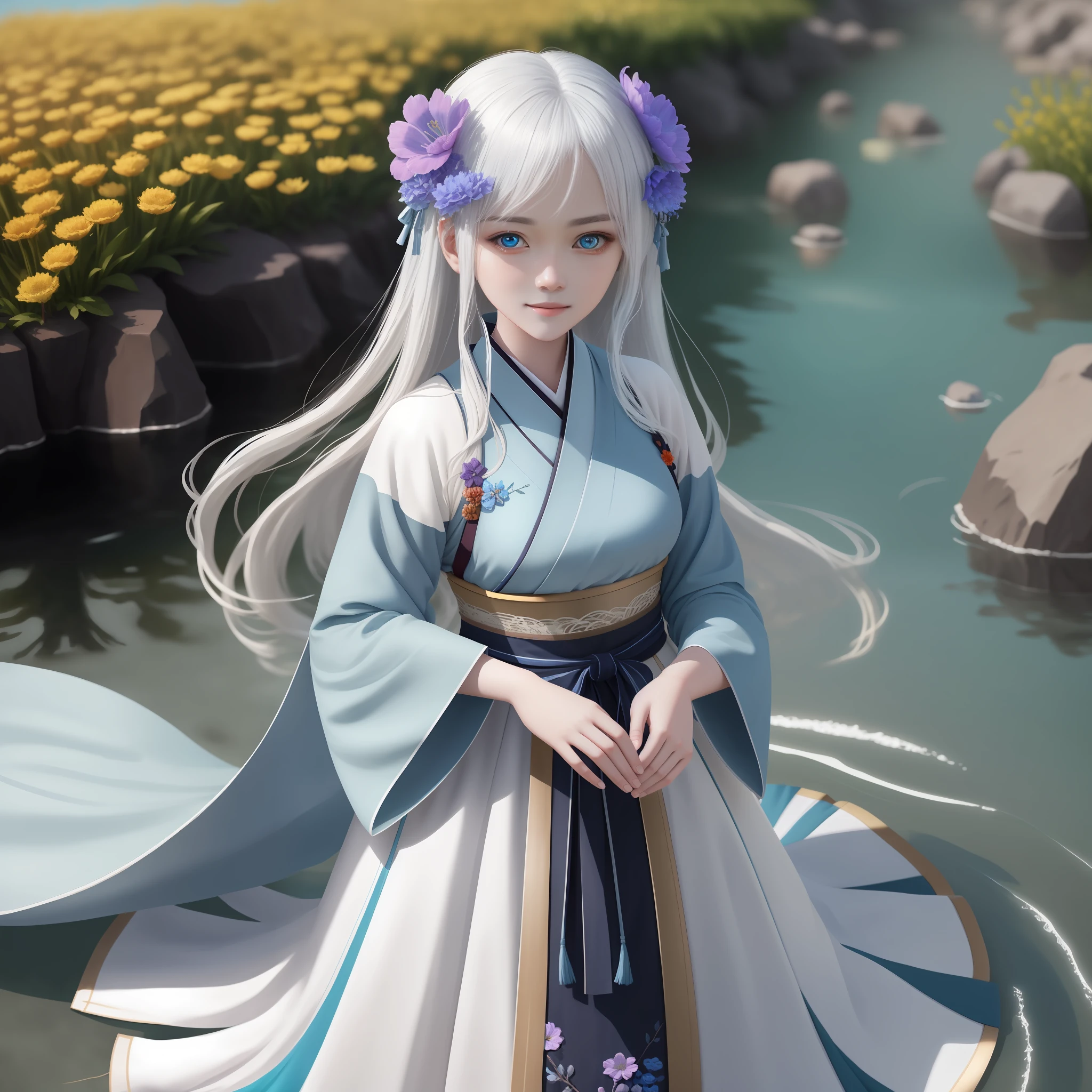 8k,HDR,Ultra-realistic photo shooting,flower sea,The is very detailed,astounding,finely detailled, (tmasterpiece:1.1),(Exquisite),(A white-haired loli:0.9),(The eyes are light blue:1.1),Hanfu,ssmile,streamers