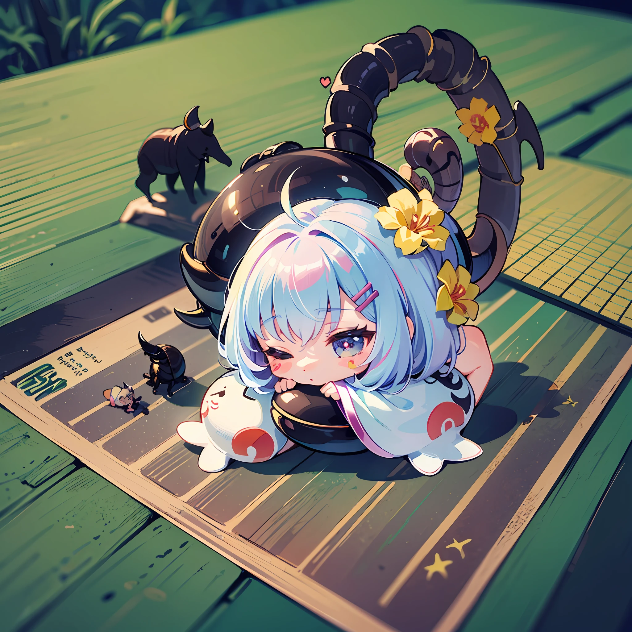 White background、((a sticker:1.5)))、((Chibi Chara))、(((summer vacation)))、Have insect net、1girl in、run、in woods、sano、夏天、rhinoceros beetle、Strongest、Chibi Chara、fullllbody、Pastel colors hair、Fairy tale、Fantastical、masutepiece、top-quality、high-level image quality