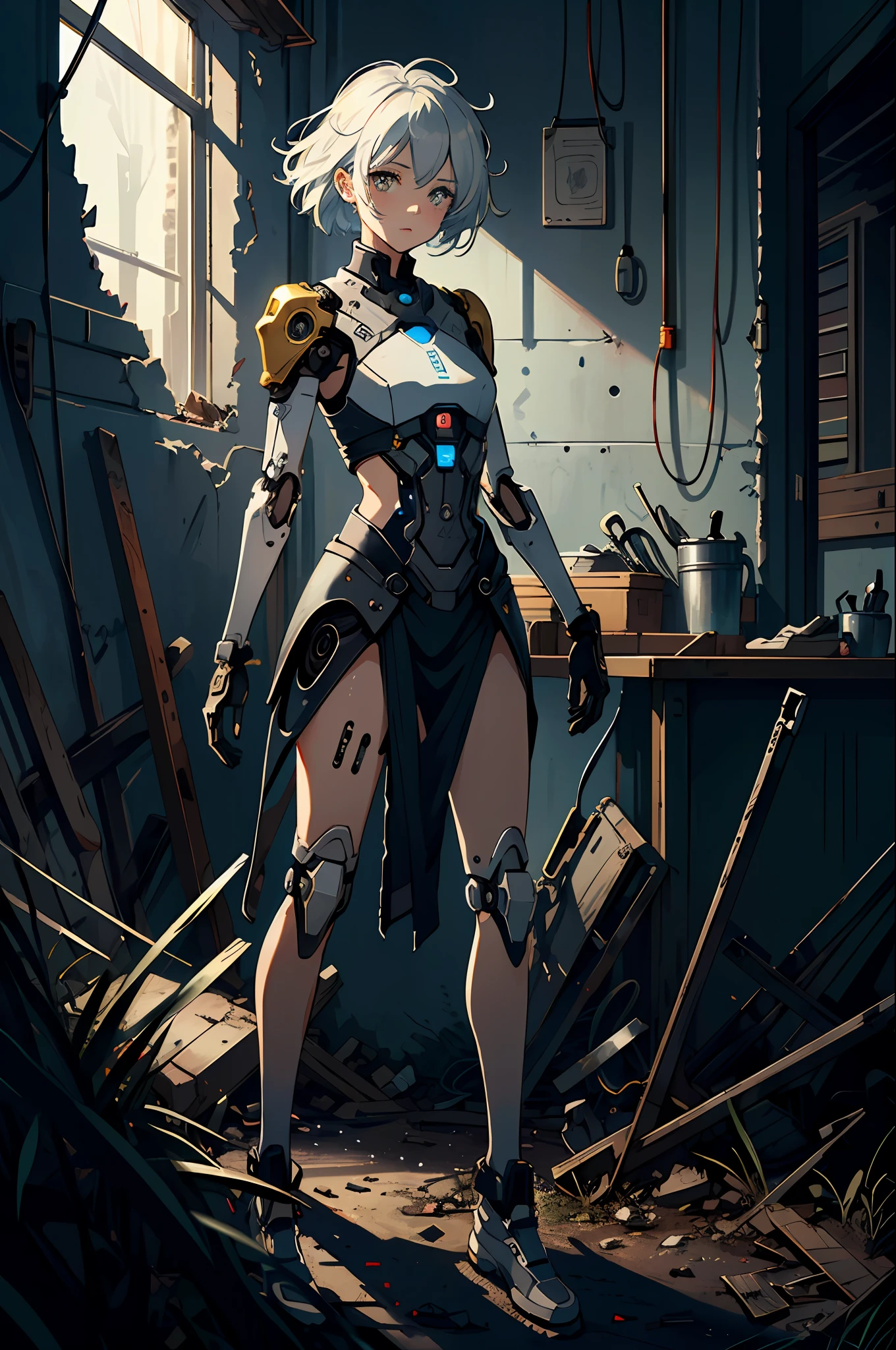 girl, ((android)), (broken mechanical limbs:1.1025), (rusty mechanical parts:1.05), (rust), white hair, yellow eyes, fullbody, mechanical parts, (wasteland), ruins, (grey soil), (deadwood) (beautiful detailed eyes:1.05), Starry sky, depth of field, (best quality:1.1025), (masterpiece:1.1025), (ultra-detailed:1.1025), (illustration:1.05), (detailed light:1.05), (an extremely delicate and beautiful:1.05), ((world masterpiece)), ((illustration)