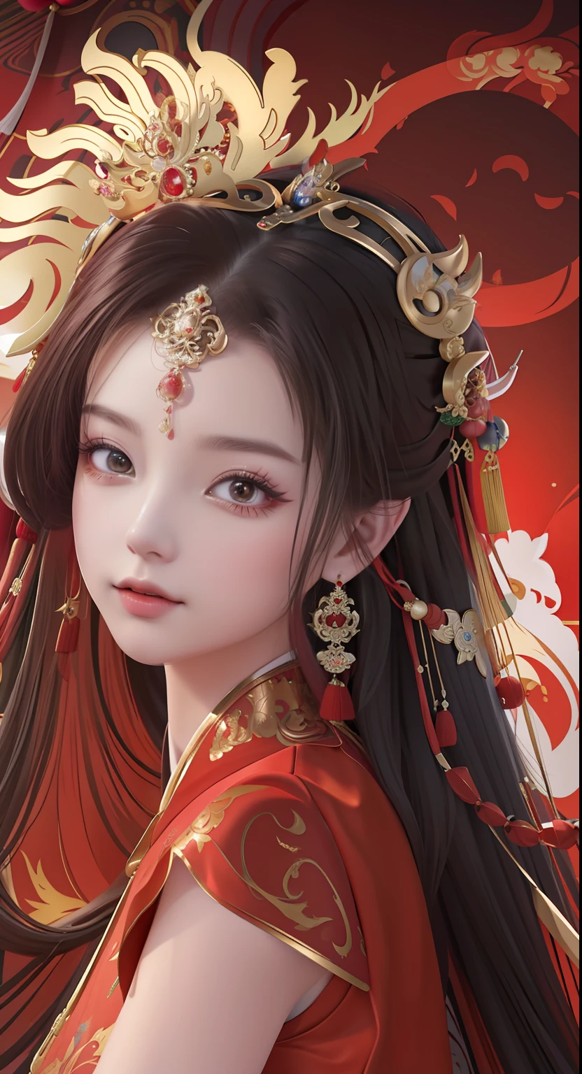 (8K high quality detailed art, master artwork, Guviz-style artwork), A beautiful queen with a crown headdress,Dressed in a gorgeous red court dress,A beautiful girl with an antique Han costume,Chinese princess in Chinese style,sakimi chan,The background is a luxurious royal palace,The atmosphere of the kingdom is magnificent,Inspired by Lan Ying。