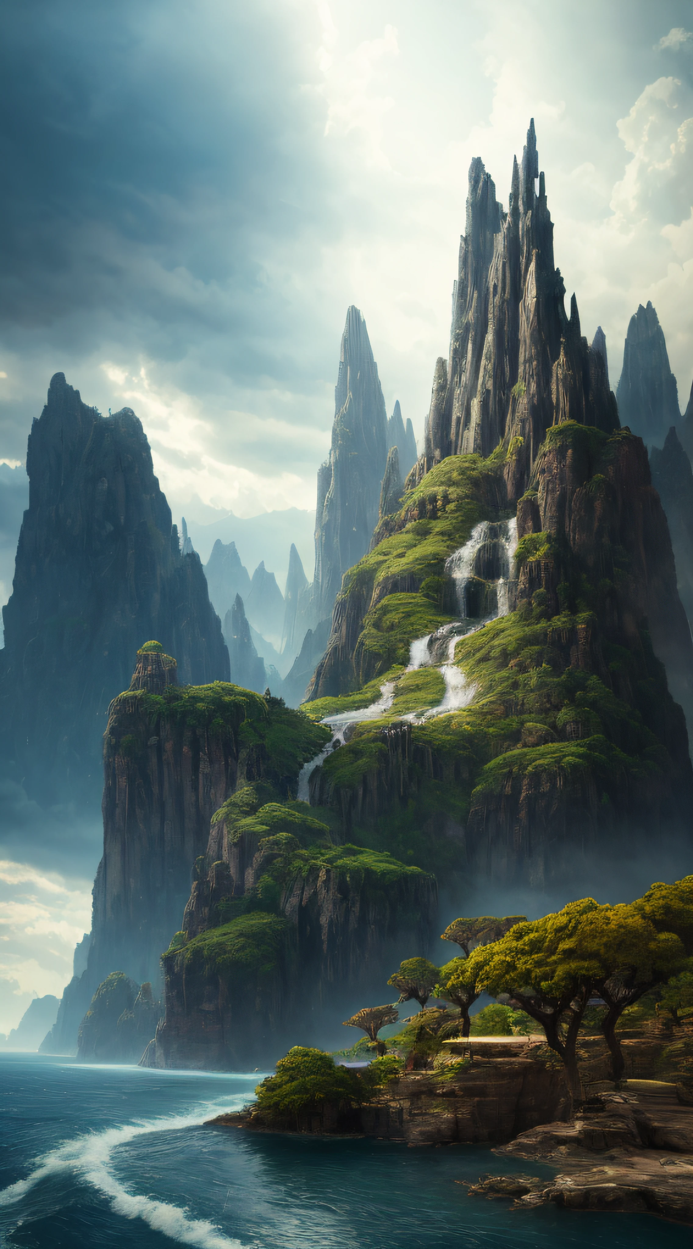 Masterpiece, best quality, high quality, extremely detailed CG unity 8k wallpaper, landscape, outdoor, sky, cloud, sky, no humans, mountain, landscape, water, tree, blue sky, waterfall, cliff, nature, lake, river , cloudy skies, award winning photography, bokeh, depth of field, HDR, bloom, chromatic aberration, photorealism, very detailed, trending on artstation, trending on CGsociety, intricate, high detail, dramatic, midjourney art