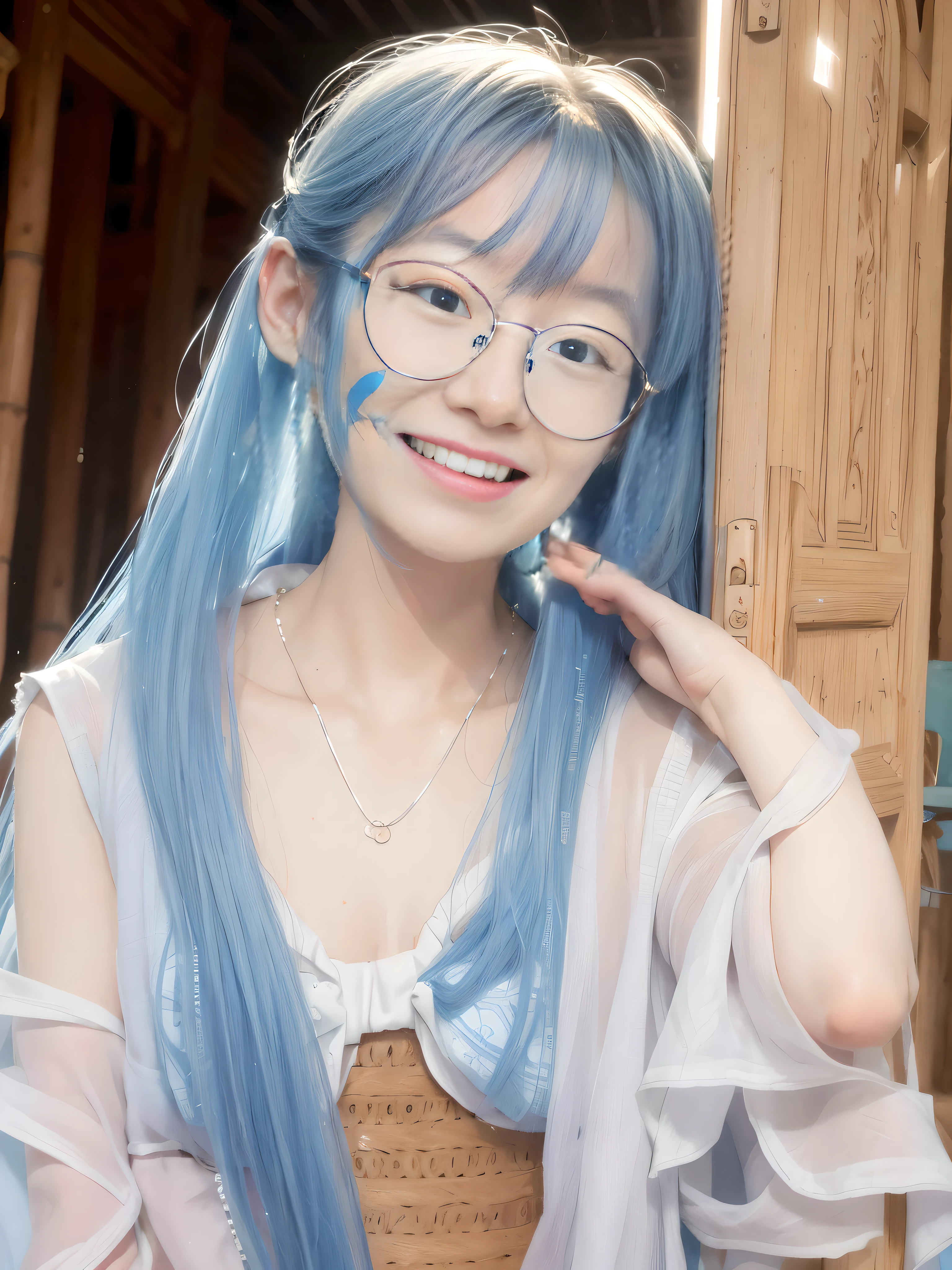 Masterpiece, Best Quality, Official Art, 8k Wallpaper, Very Detailed, Illustration, 1 Girl, Sky Blue Hair, Long Hair, Detailed Eyes, Forrest Gump, Bare Shoulders, Hanfu, Lake, Pure, Soft Smile, bamboo, tea