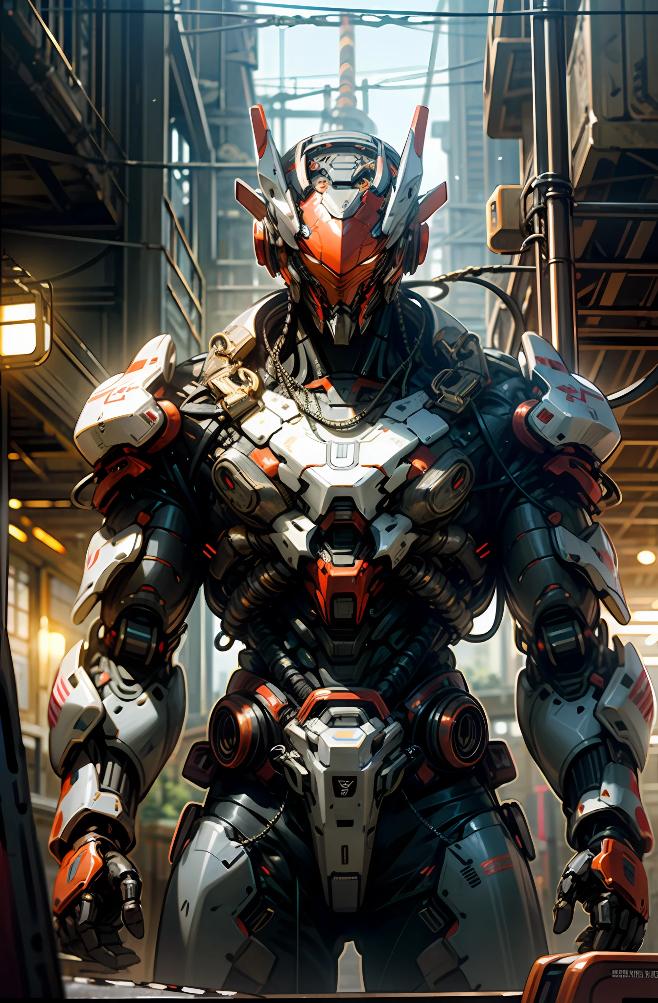 Dark_Fantasy,Cyberpunk,(chain saw,chain saw man,Red:1.1),1man,Mechanical marvel,Robotic presence,Cybernetic guardian, wearing a worn-out mech suit, intricate, (steel metal [rusty]), elegant, clear focus, shot by greg rutkowski, soft lighting, vibrant colors, masterpiece, ((street)), cowboy shot, dynamic pose,
