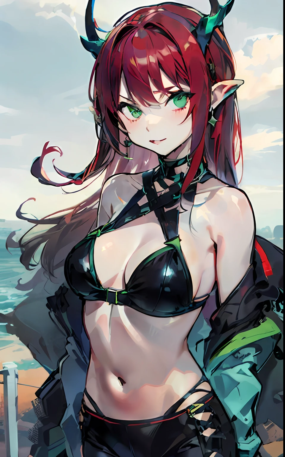 body,1girl,bikini:1, red hair, green eyes, horns