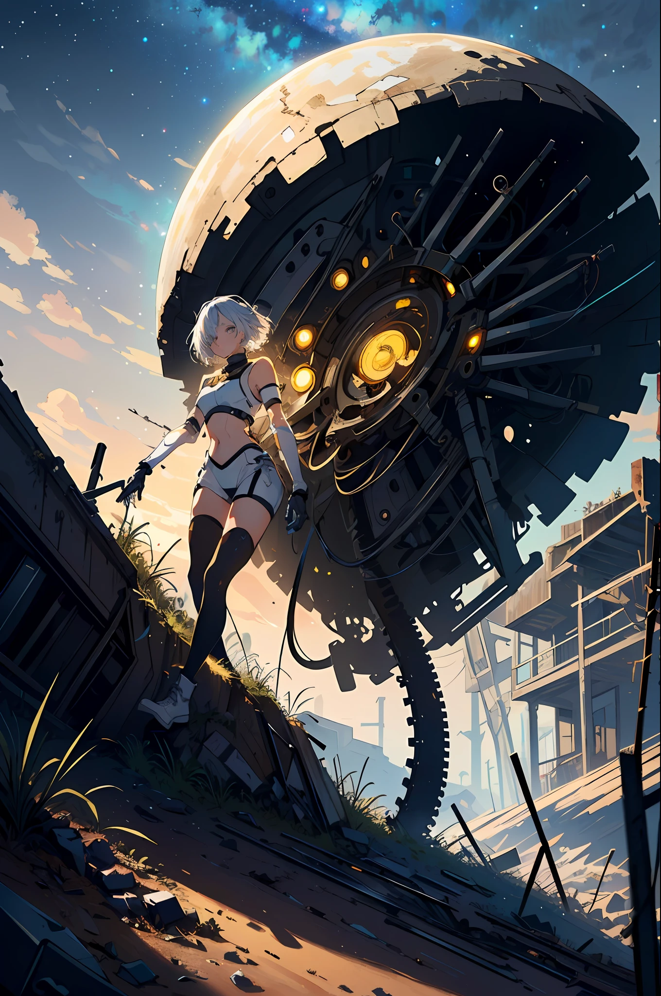 girl, ((android)), (broken mechanical limbs:1.1025), (rusty mechanical parts:1.05), (rust), white hair, yellow eyes, fullbody, mechanical parts, (wasteland), ruins, (grey soil), (deadwood) (beautiful detailed eyes:1.05), Starry sky, depth of field, (best quality:1.1025), (masterpiece:1.1025), (ultra-detailed:1.1025), (illustration:1.05), (detailed light:1.05), (an extremely delicate and beautiful:1.05), ((world masterpiece)), ((illustration)