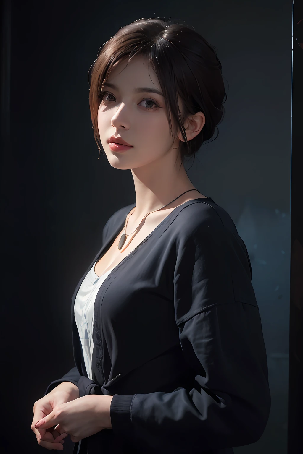 (front focus), (in the dark:1.6), Hyperrealist portrait of female by david hockney and alphonse mucha, fantasy art, photo realistic, dynamic lighting, artstation, poster, volumetric lighting, very detailed faces, 4 k, award winning, 1girl, in the dark, deep shadow, low key, cowboy shot, (official clothing:1.4), short hair, white hair, necklace