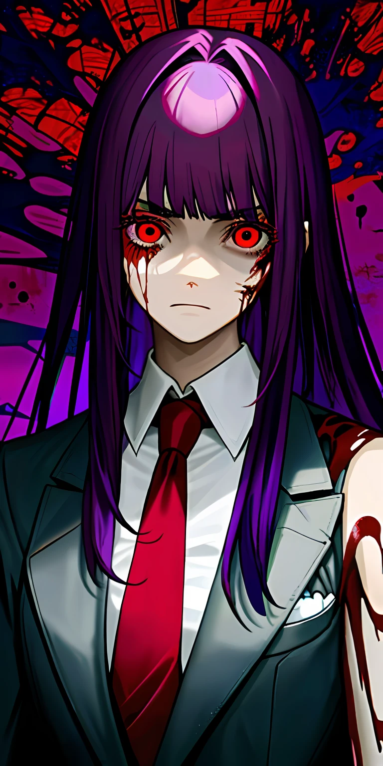 (tmasterpiece,best qualtiy),1 purple-haired girl with shoulder-length hair and bangs has blood on her face,The eyes are gloomy,Red eyes,Suit shirt
