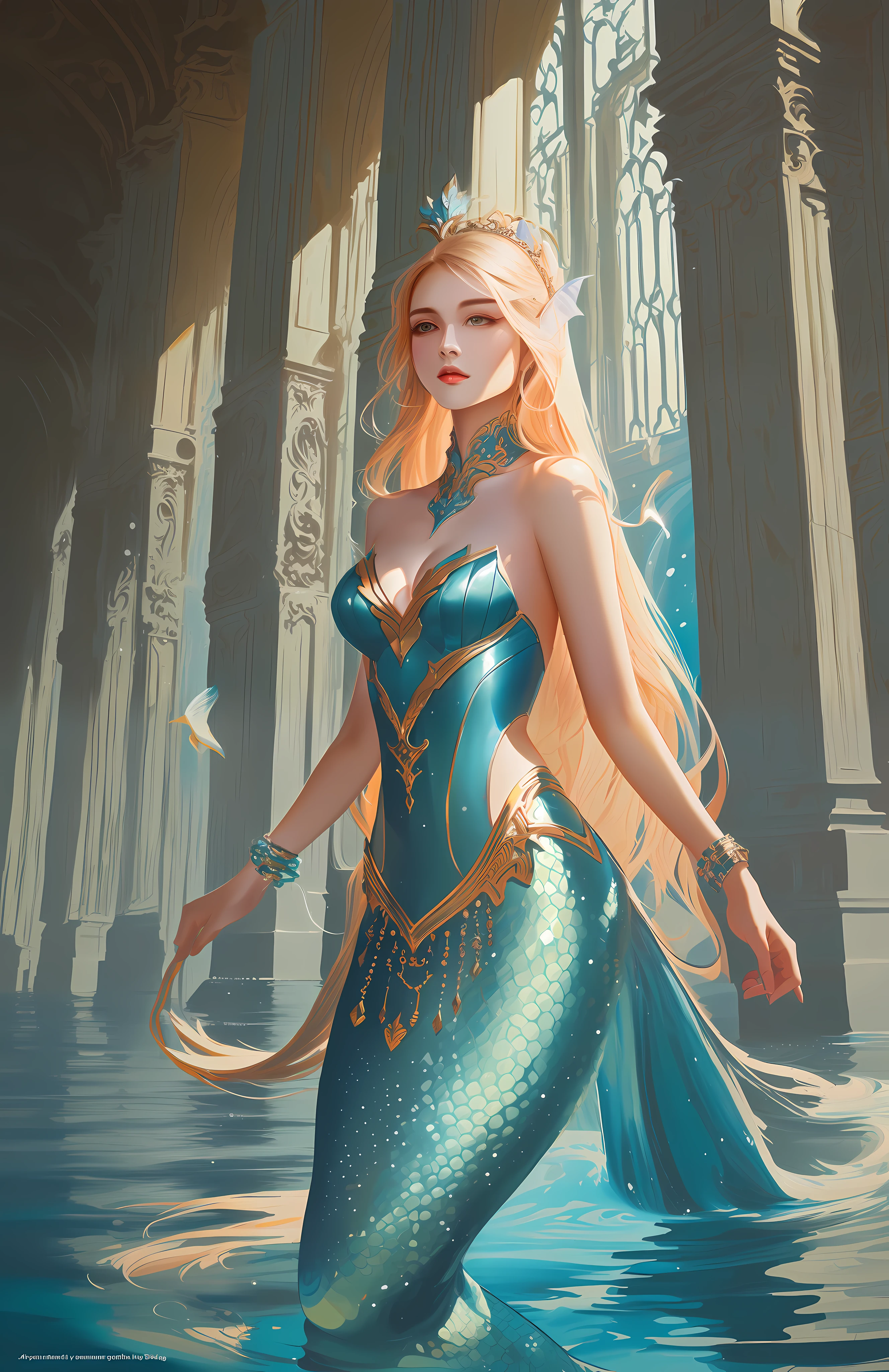 Painting style: natural scenery,Clear and shiny,Streamlined hairstyle,Light and flowing like a waterfall。Beautiful angle,Very realistic light and shadow