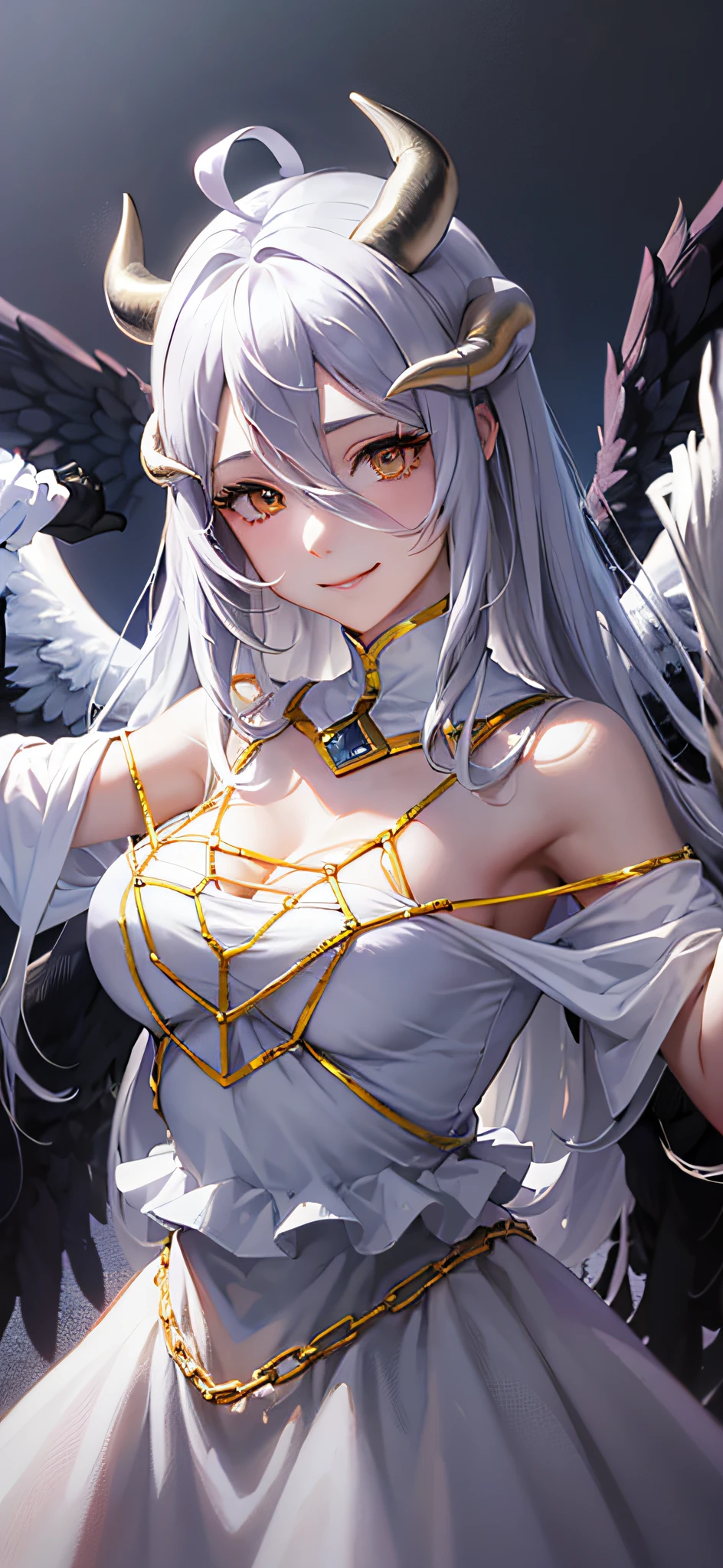 tmasterpiece, best qualtiy, A high resolution, Aluminum 1, devil horns, Pupil of the slit, White gloves, White dress, bare shoulders, Detachable collar, fission, Black wings, Feathered wings, Low wing, The cowboy was shot, station, loss, Evil smile, reaching out, arms out, arms out,