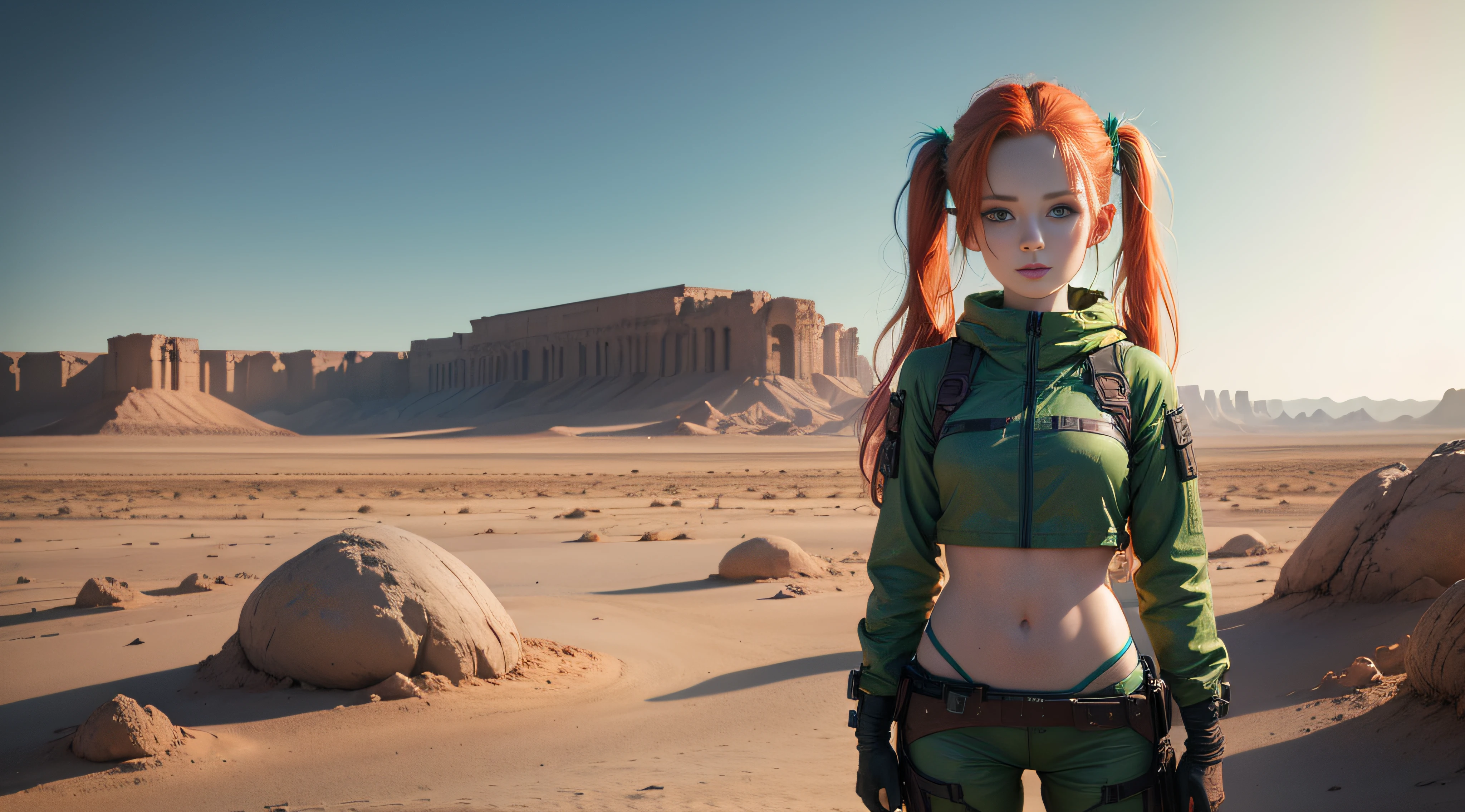 cute redhead woman in twin tails, multiple rainbow colored hair, sky-blue eyes, happy, Ukrainian, petite, pale skin, wearing a green metallic color bikini, post apocalyptic background, bleak barren desert, photo realistic woman. --auto