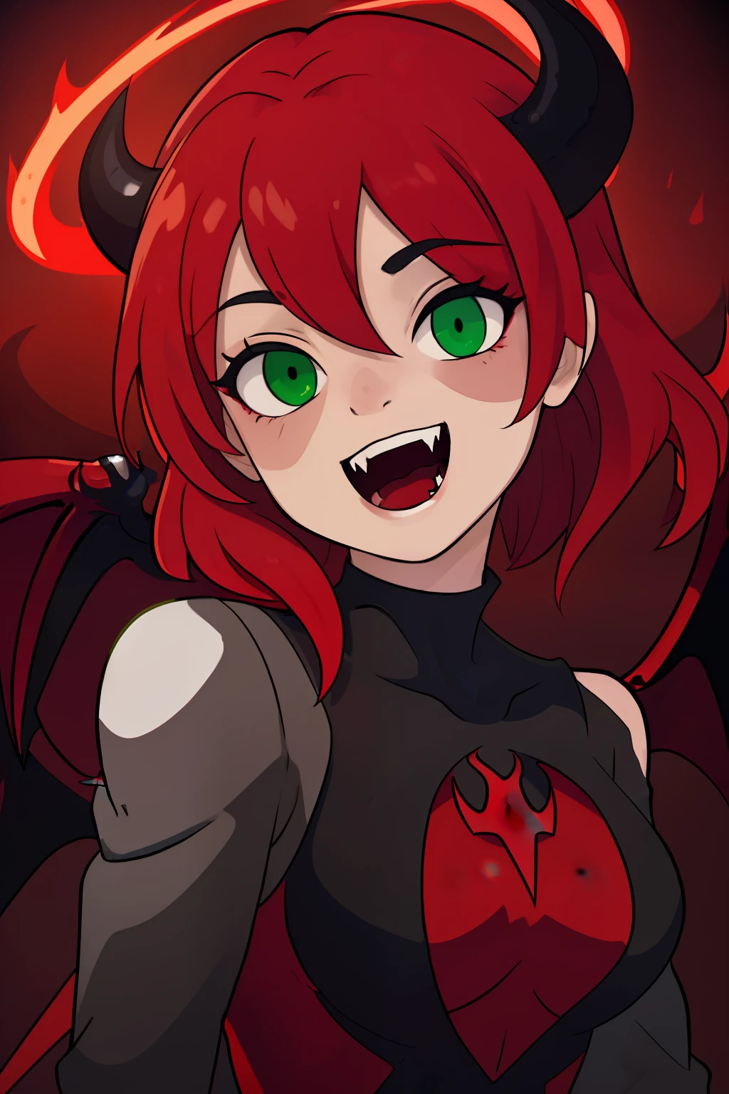 ((extreme detail)),(ultra-detailed),(painting), chiaroscuro, extremely detailed CG unity 8k wallpaper, best quality, green eyes, red hair, red bodysuit, red halo, horns, devil, succubus, evil smile, open mouth, red bat wings, red devil tail, fangs,