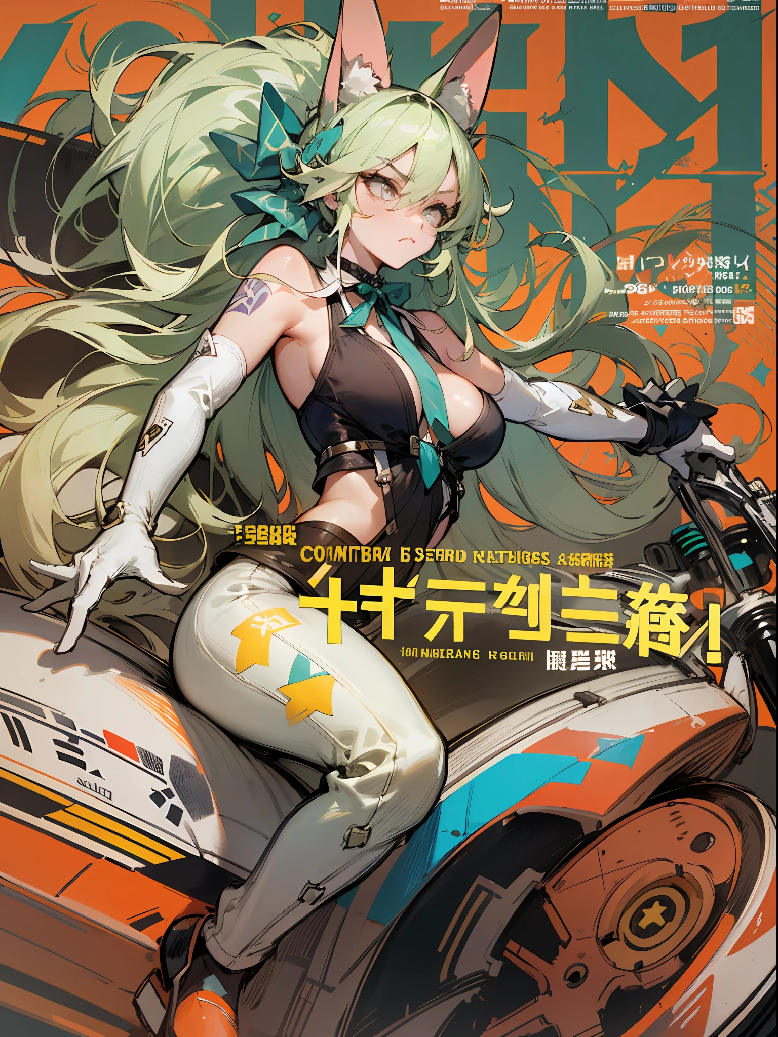 background, mixed-language_text, Japanese letters in graffit, girls, long blonde hair, excellent lighting, sidelighting, perfect ultimate (flat color: 1.3), (magazine_cover: 1.4), (multicolored_background: 1.3), striped_background, card_background, :: comix style by joe madureira :: circular pieces of white metals glued to the ultra detailed arms coming out sparkling shine, perfect and detailed, ultra detailed shirt with abstract design and with Japanese letter print in graffit of the sides of clothing, image of girls with big breast, on top of a futuristic motorcycle, with immersive effects, hover effect, background graffiti style tribal tattoo with flowers and vibrant colors, "ultra HDR" detailed and with focus effect, (masterpiece: 1.2, best quality), (beautiful eyes with huge eyelashes finely detailed: 1.2), , ((Solo)), (Finely detailed eyes and detailed face: 1.3), in various full-body attack poses, (cute background: 1.2),futuristic costume, super detailed circular metals Clinging to the arms and pants, fantastic paintings
